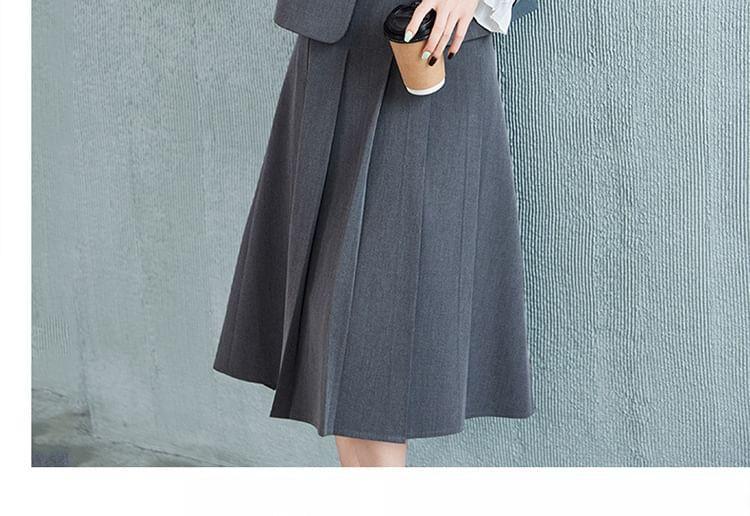 Collarless Plain Single-Breasted Blazer / Long-Sleeve Bow Shirt / High Waist Pleated Midi A-Line Skirt Product Image