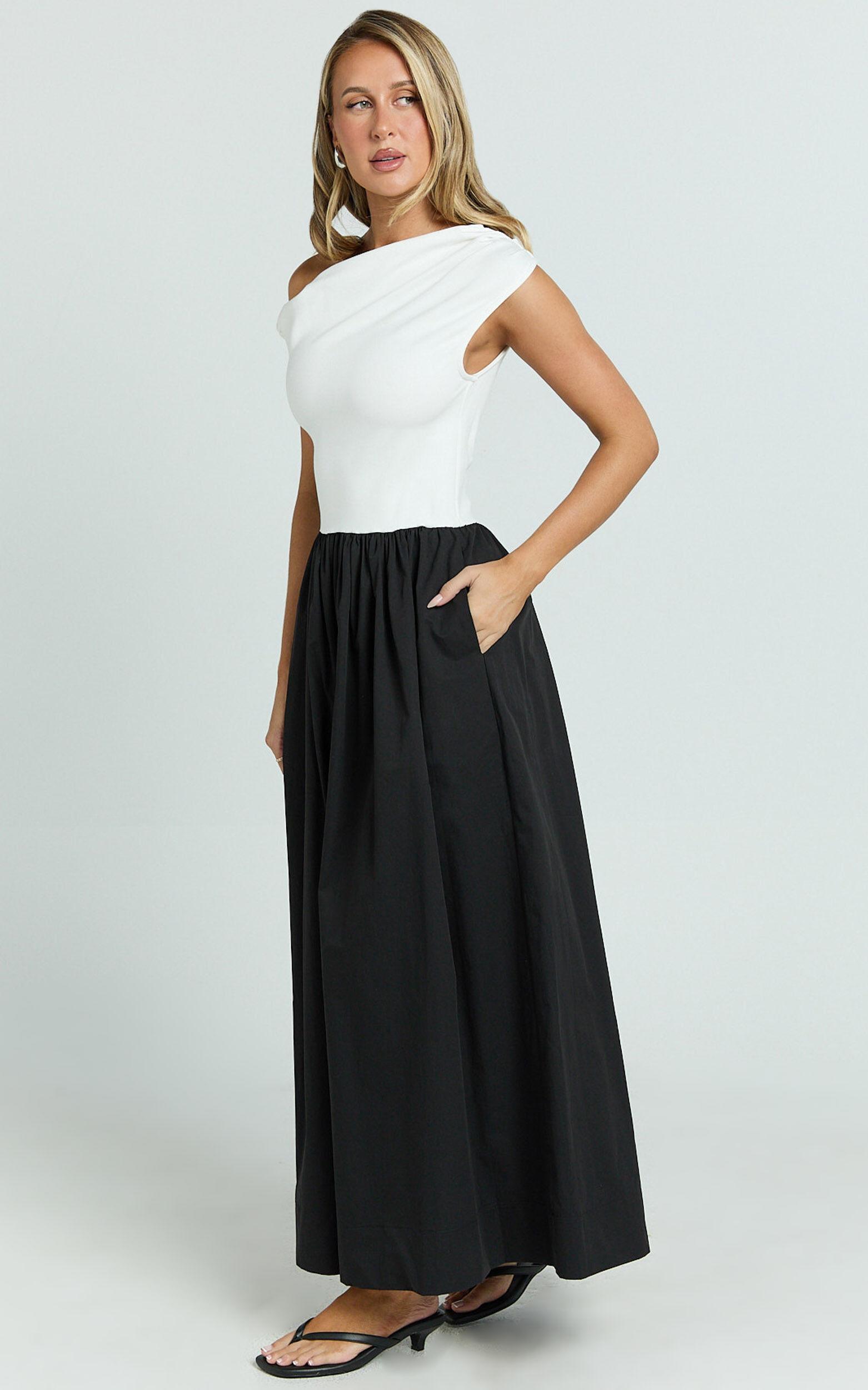 Jhamie Midi Dress - One Shoulder Contrast Skirt Dress in White/Black Product Image