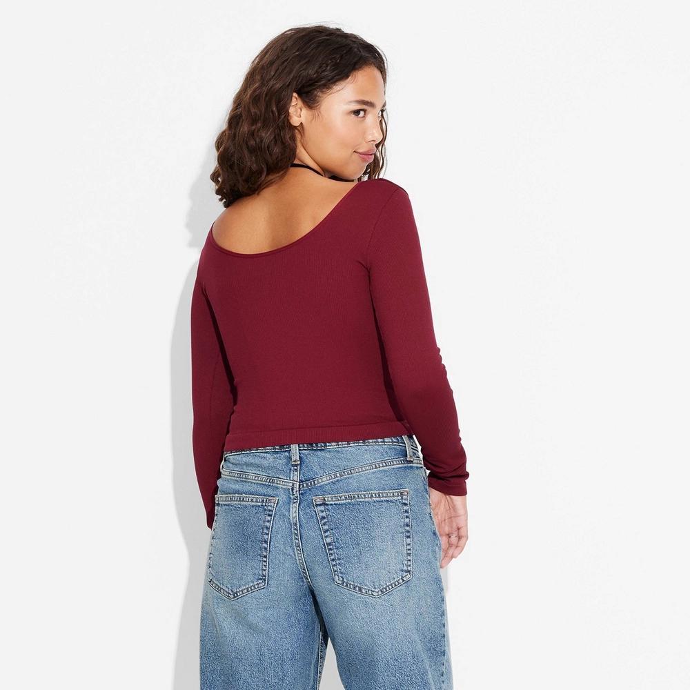 Women's Long Sleeve Seamless Double Scoop Neck Top - Wild Fable™ Deep Red XL: Recycled Nylon, Spandex, Lightweight Pullover Product Image