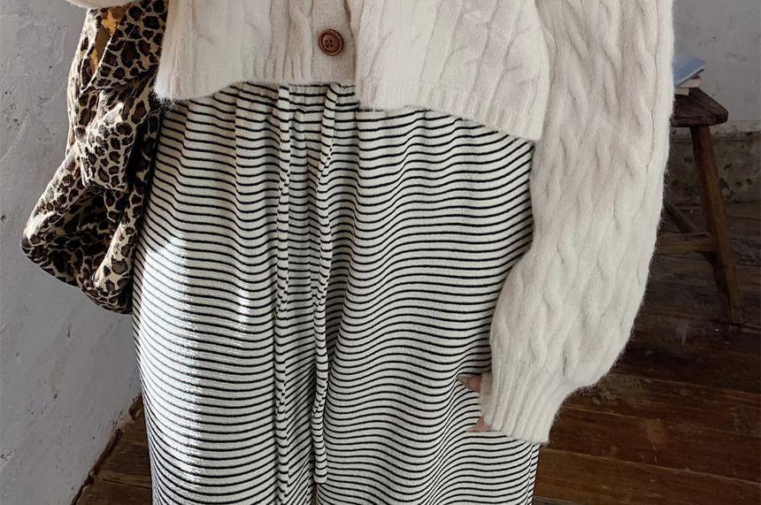 V-Neck Plain Cable Knit Cardigan Product Image