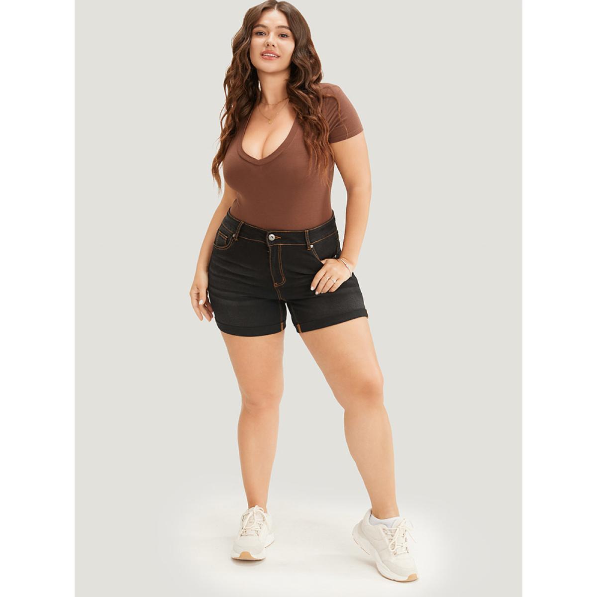 Plus Size High Rise Black Wash Roll Hem Denim Shorts Women Black Casual Plain Medium stretch Pocket Jeans BloomChic 28/5X Product Image