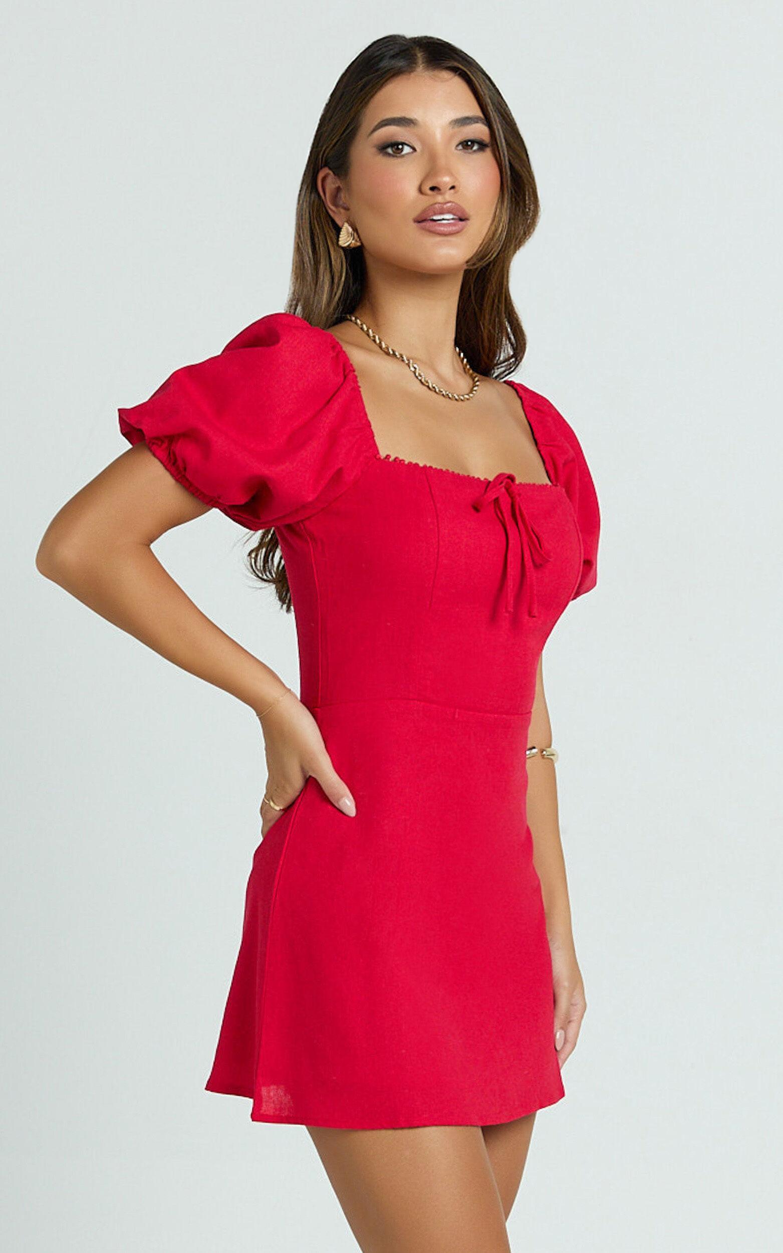 Jules Mini Dress - Puff Sleeve Square Neck Fit And Flare Dress in Red Product Image
