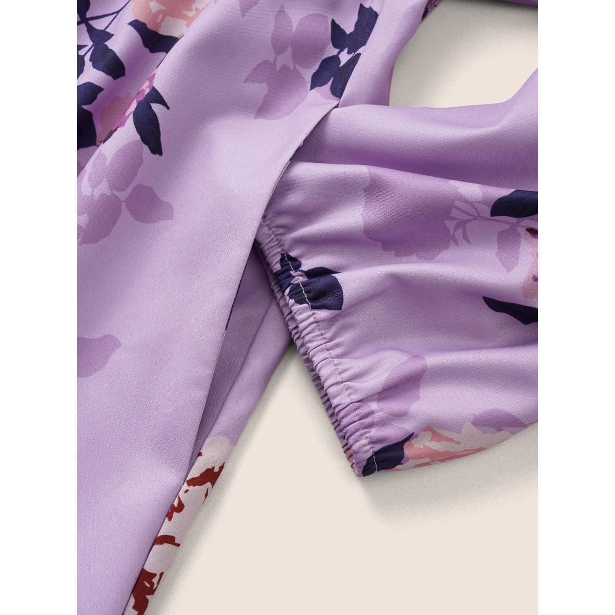 Plus Size Floral Print Belted Pocket Frill Trim Dress Lilac Women Elegant Non Round Neck Elbow-length sleeve Curvy Knee Dress BloomChic 12/L Product Image
