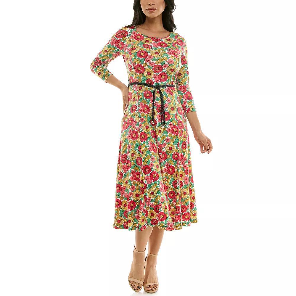 Women's Nina Leonard Sylvia Three-Quarter Sleeve Belted Midi Dress, Size: Large, Blue Team Combo Product Image