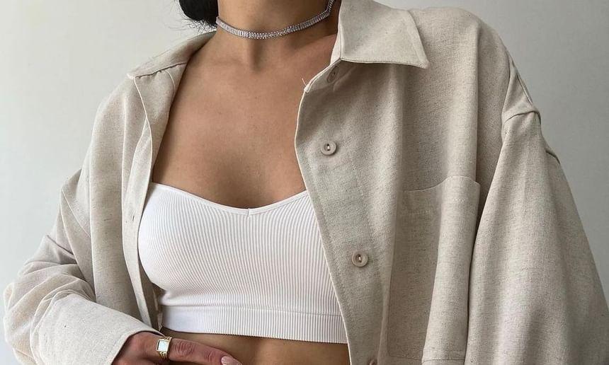 Set: Long-Sleeve Plain Button-Up Crop Shirt + High Rise Wide Leg Pants Product Image