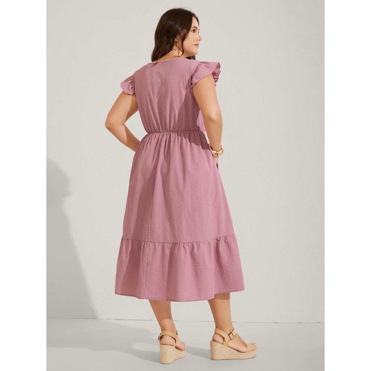 Plus Size Lace Trim Button Detail Tiered Midi Dress Beanpastepowder Women Square Neck Cap Sleeve Curvy BloomChic 22-24/3X Product Image