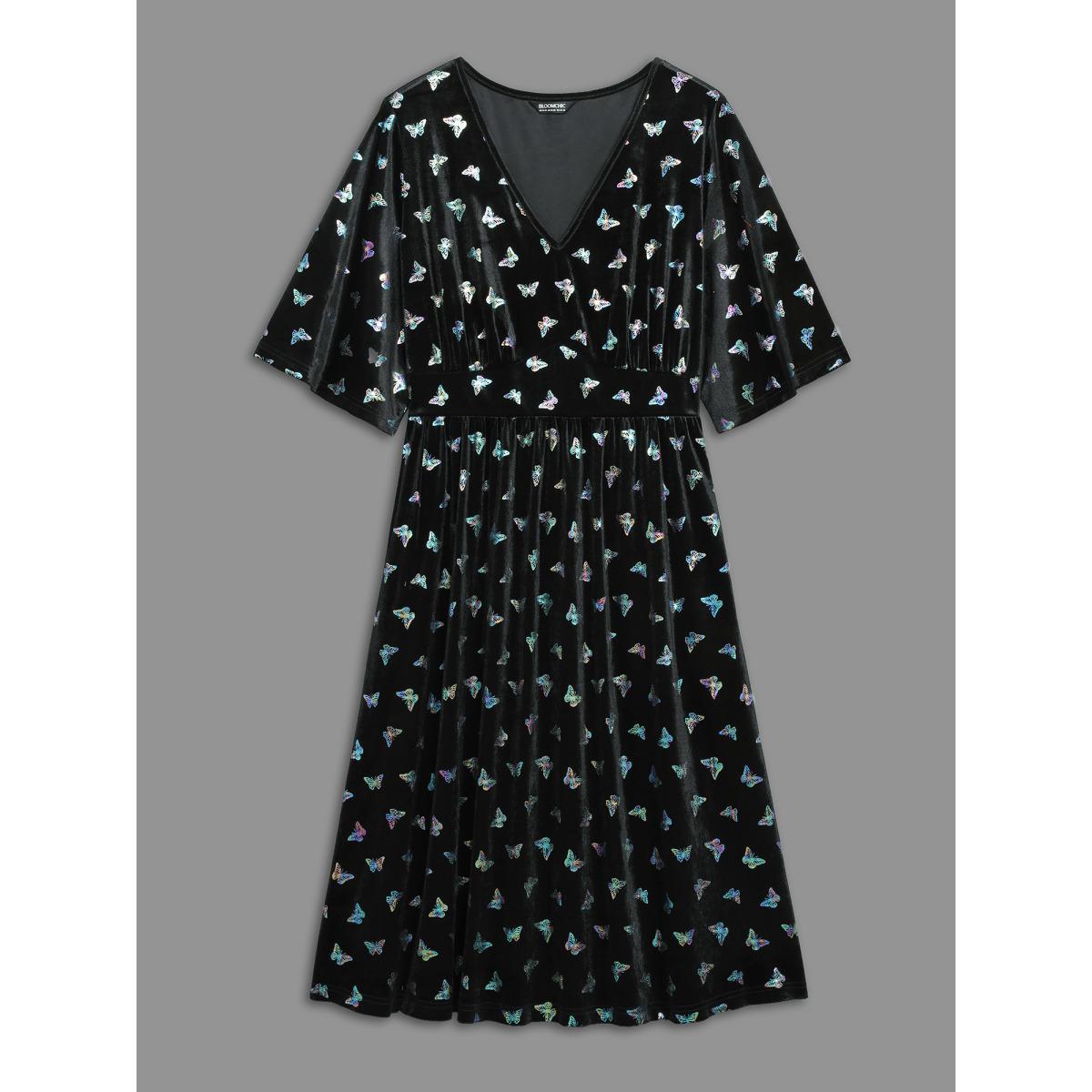 Plus Size Butterfly Glitter Flutter Sleeve Midi Dress BlackFlower Women Cocktail Texture Party Curvy Bloomchic 18-20/2X Product Image