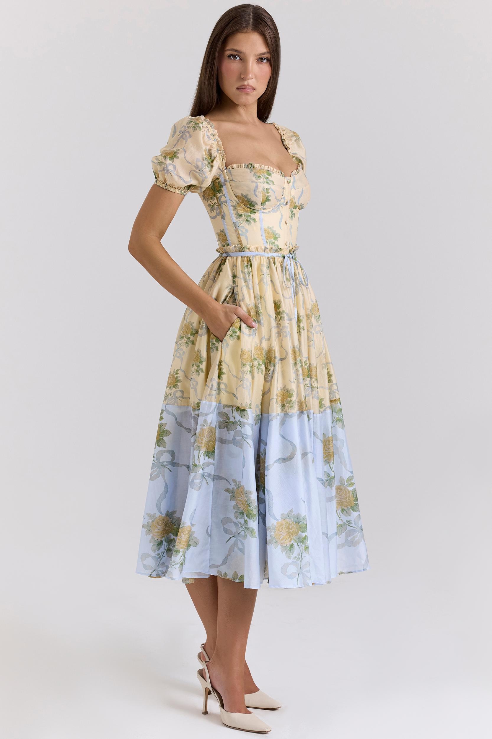 Penelope  lemon vintage rose chiffon midi dress Product Image