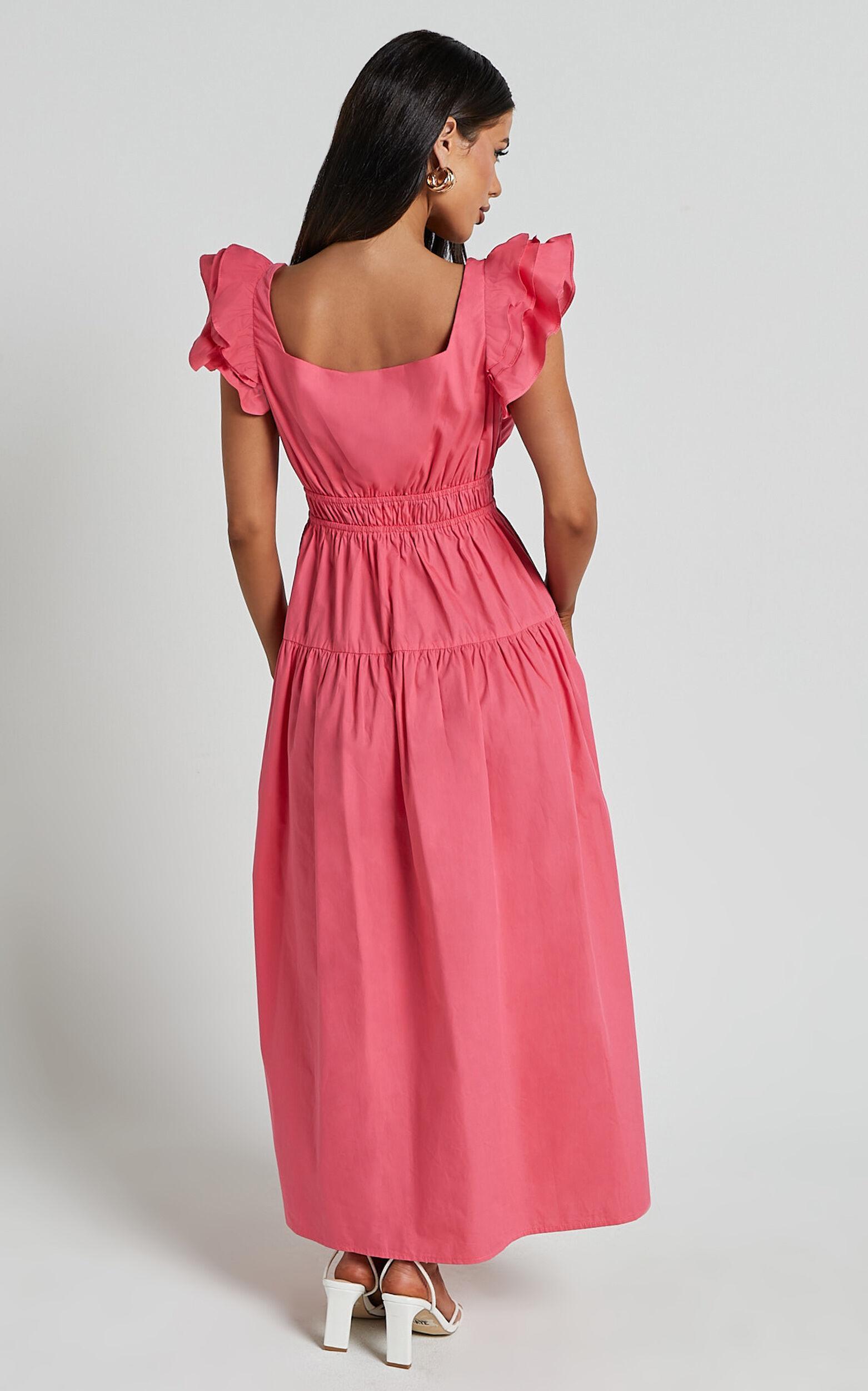 Arlene Midi Dress - Square Neck Shoulder Frill Tiered Dress in Berry Product Image