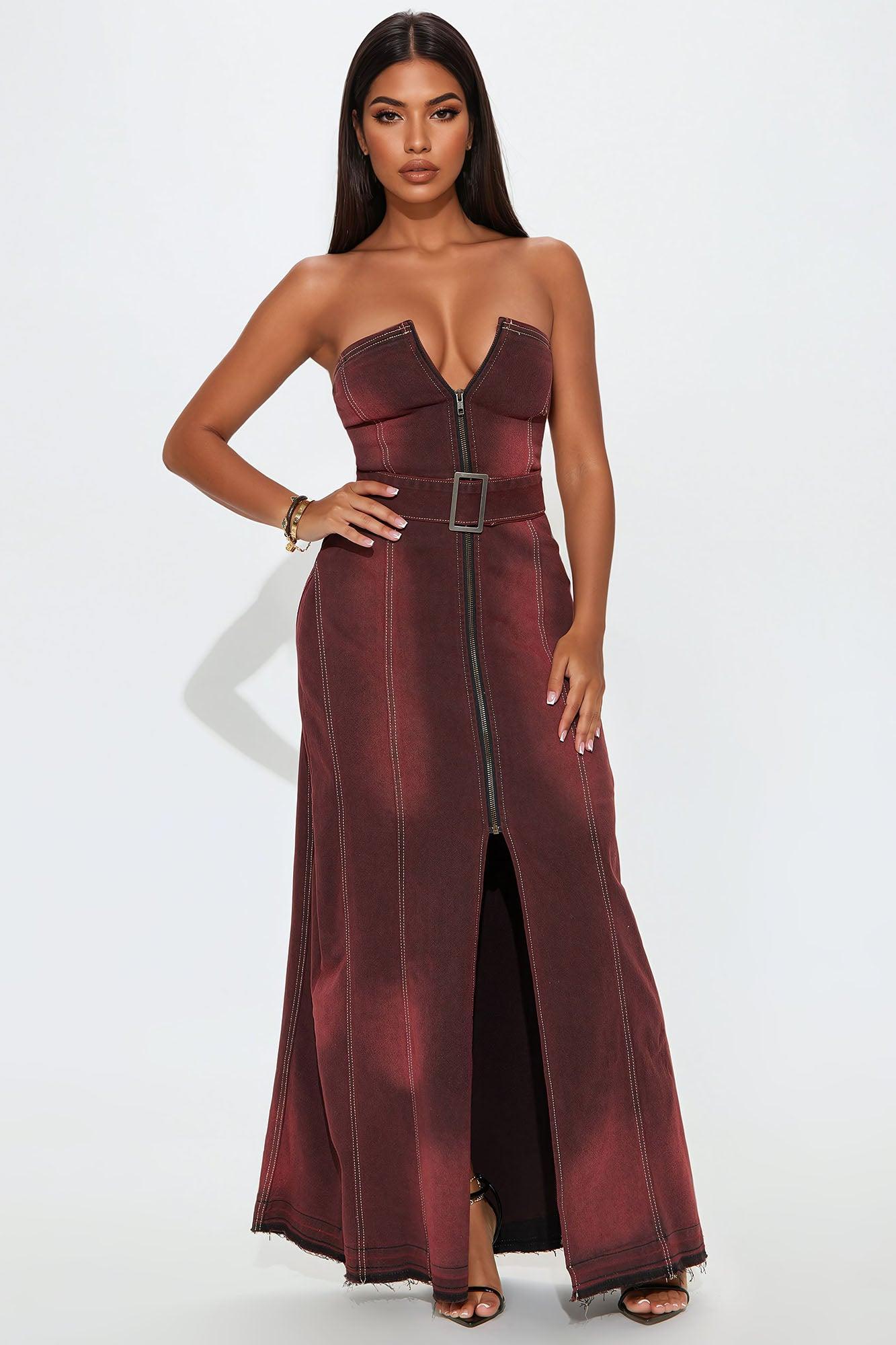 Mila Denim Maxi Dress - Burgundy Product Image