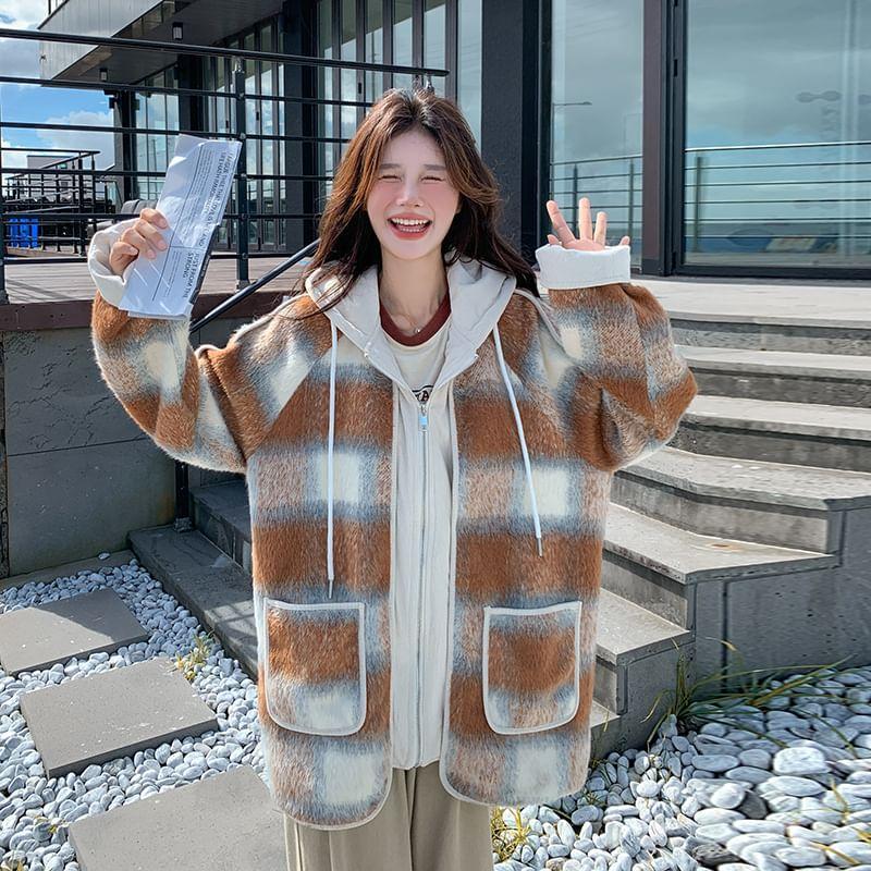 Mock Two-Piece Hooded Plaid Zip-Up Jacket Product Image