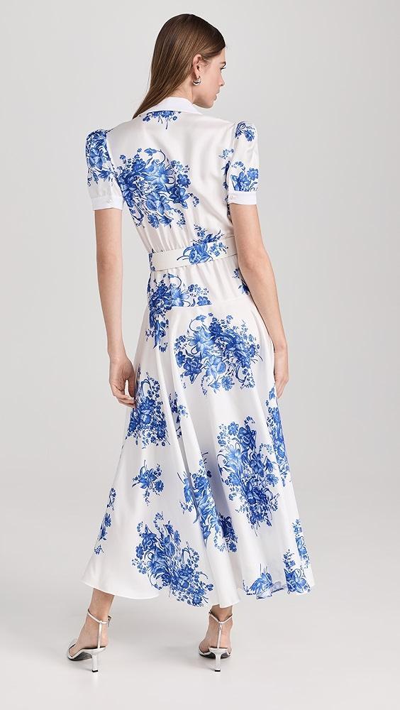 Rodarte White and Blue Floral Printed Silk Twill Collared Dress with Belt Detail | Shopbop Product Image
