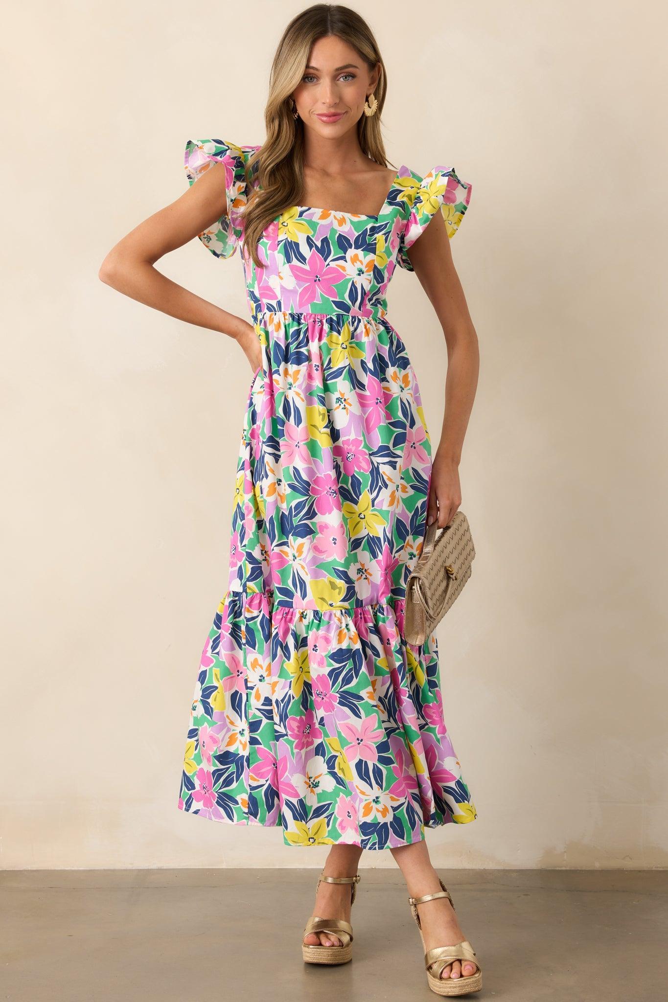 Blooming Shores Pink Tropical Floral Flutter Sleeve Maxi Dress Product Image