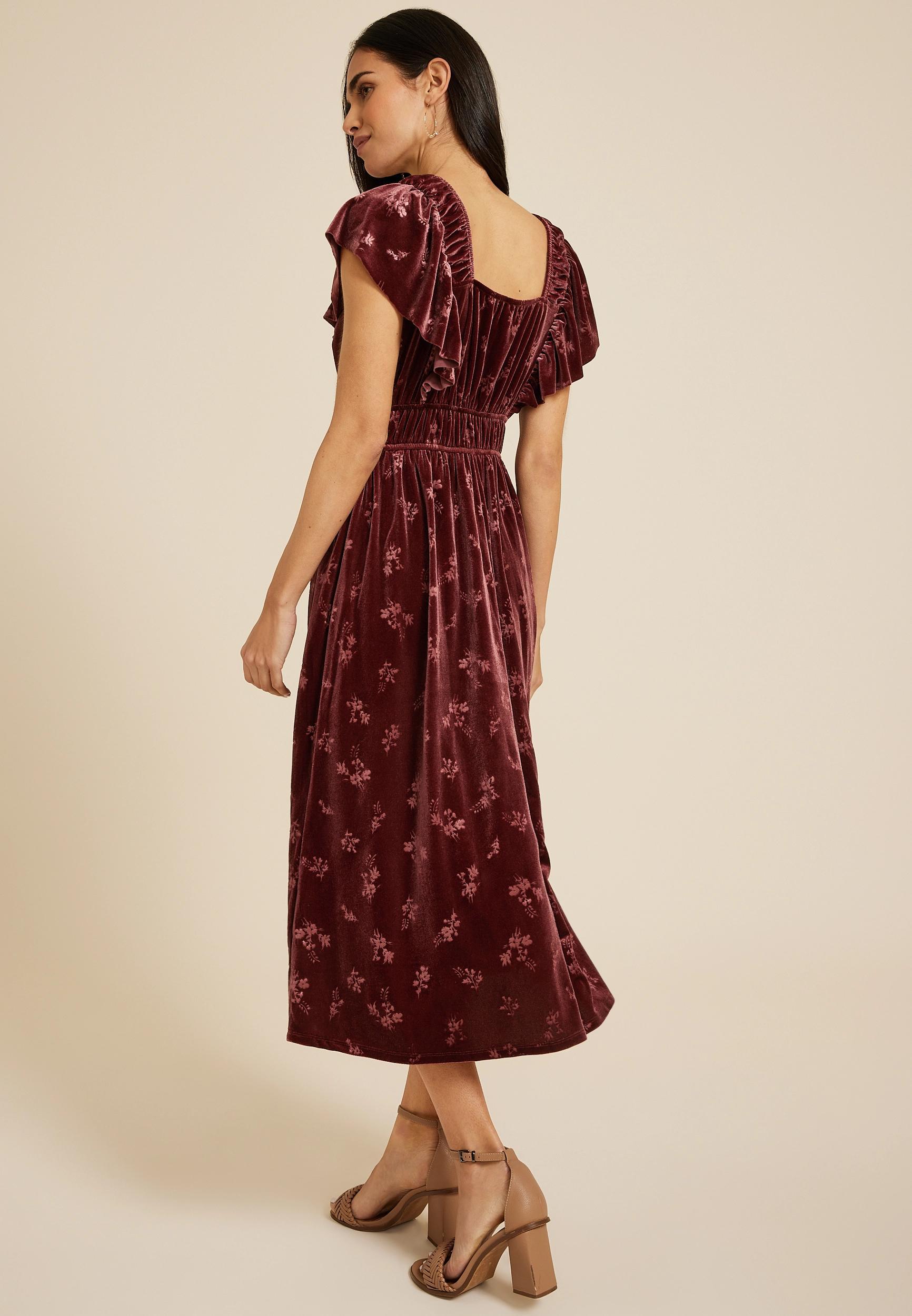 Maurices Womens Velvet Jacquard Midi Dress Red Size X Small Product Image