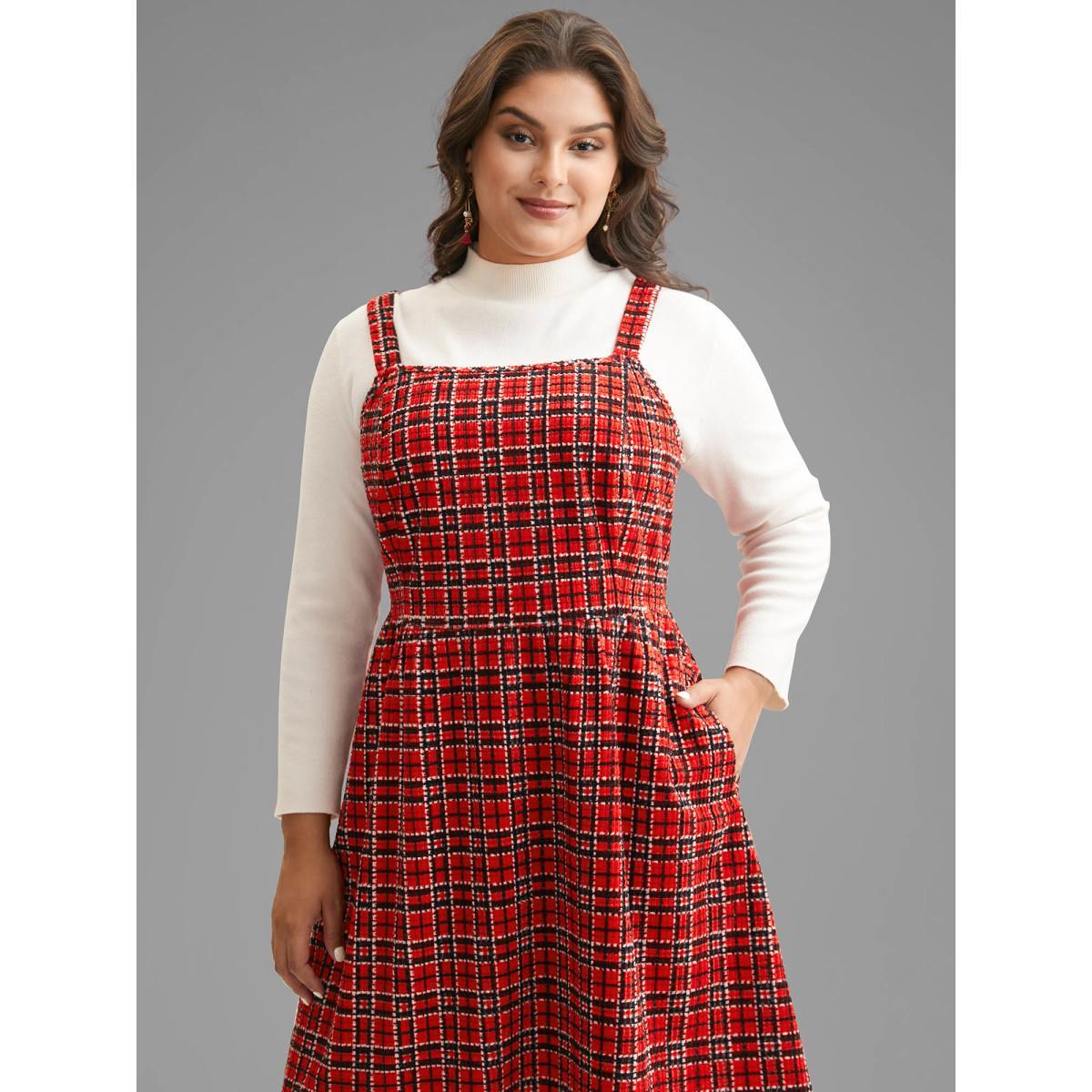 Plus Size Plaid Pinafore Elastic Waist Midi Dress Scarlet Women Elegant Texture Square Neck Sleeveless Curvy BloomChic 10/M Product Image