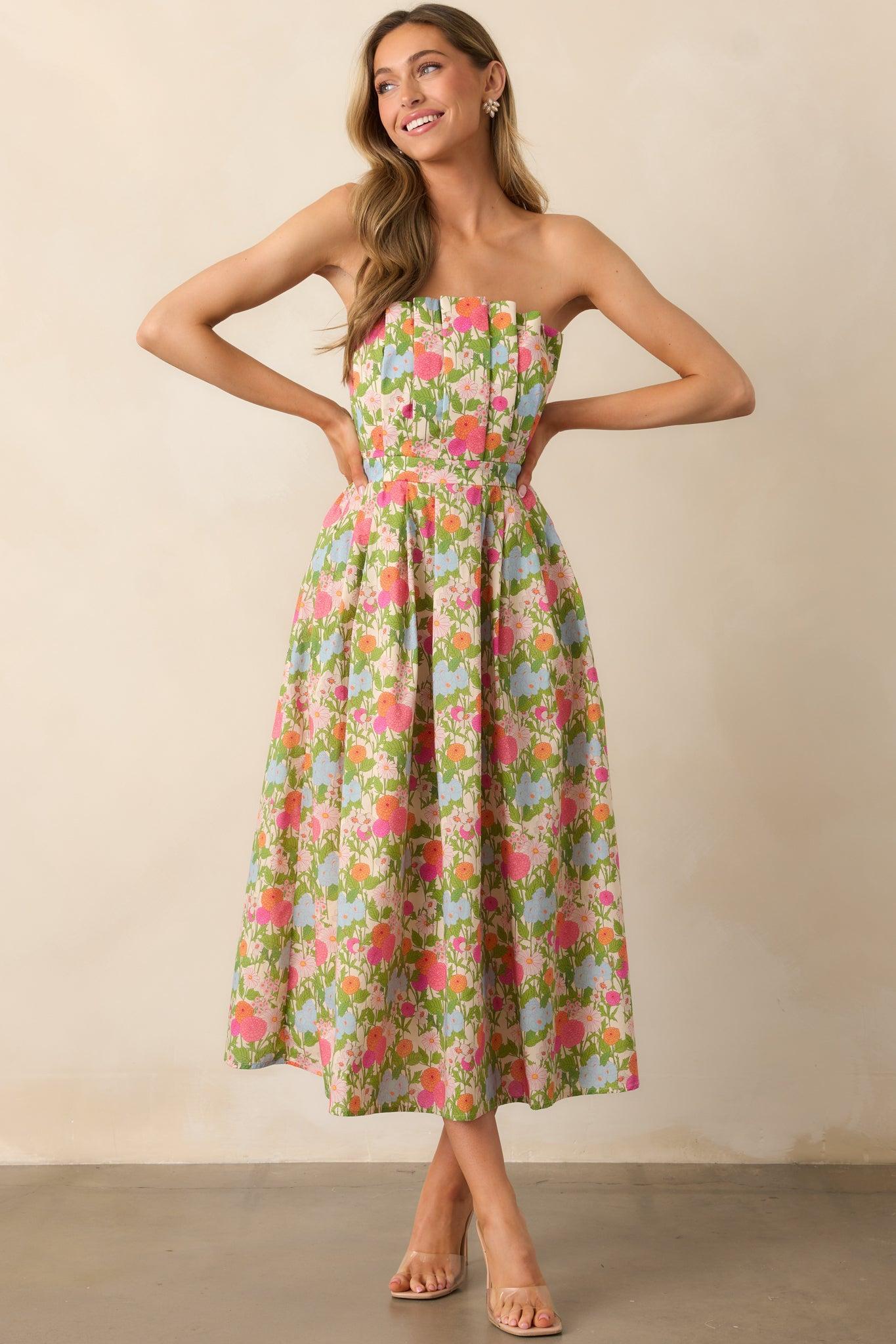 The Genevieve Green Multi Floral Cotton Strapless Midi Dress Product Image