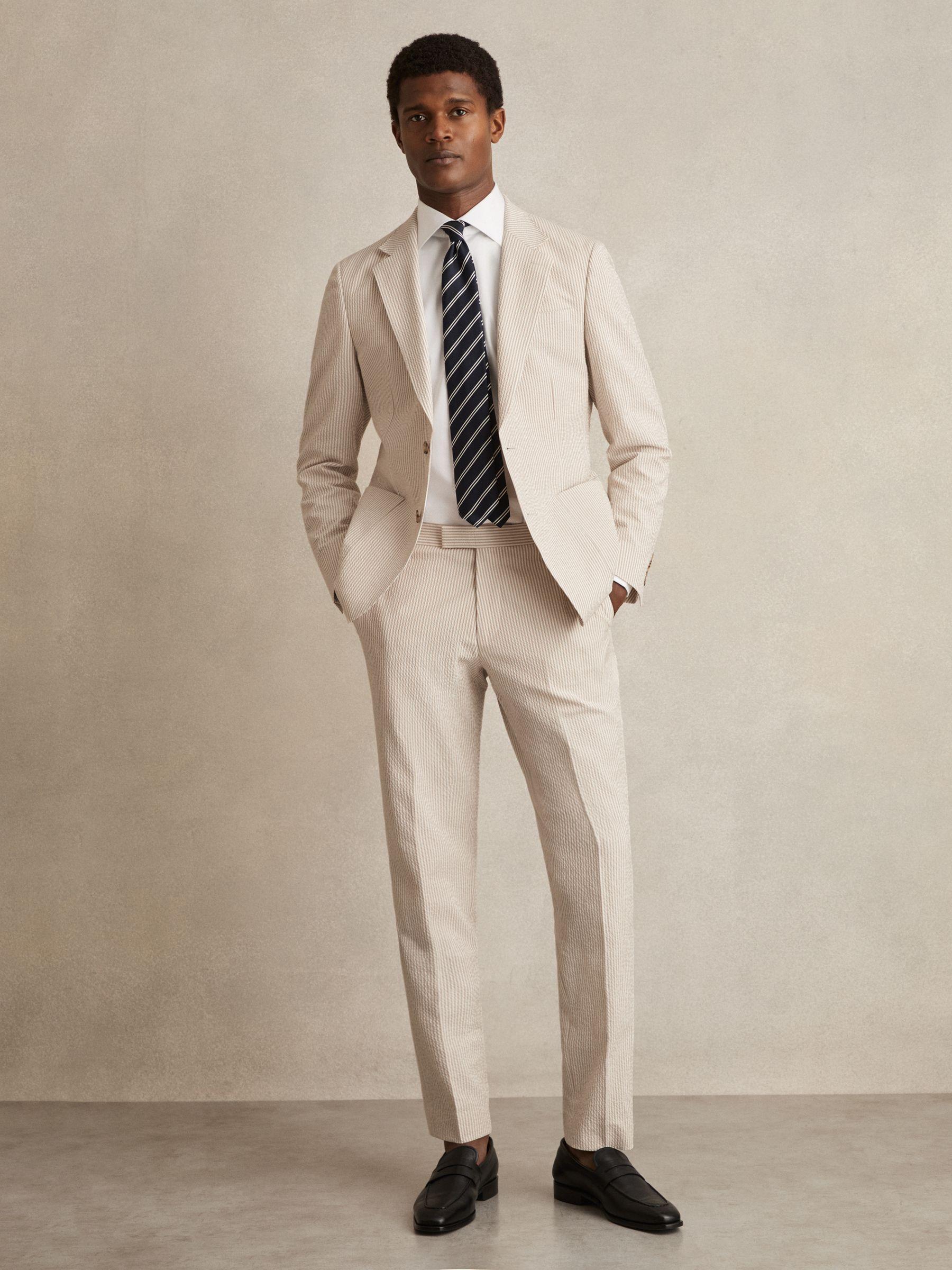 Seersucker Slim-Fit Suit Trousers in Oatmeal/White Product Image