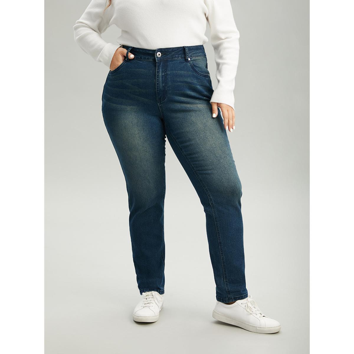 Plus Size Very Stretchy Straight Leg Roll Hem Jeans Women Aegean Casual Plain Plain High stretch Pocket Jeans BloomChic 22/3X Product Image