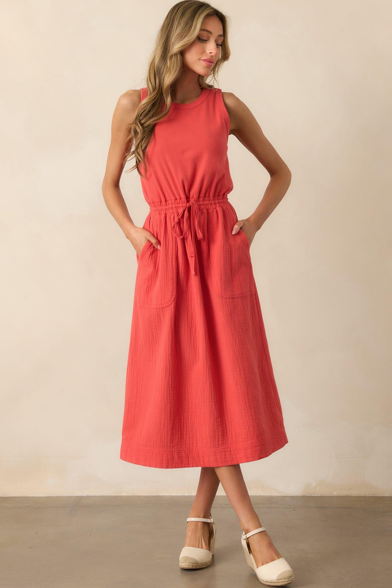 Moving Slowly Tomato Red Cotton Gauze Sleeveless Midi Dress Product Image