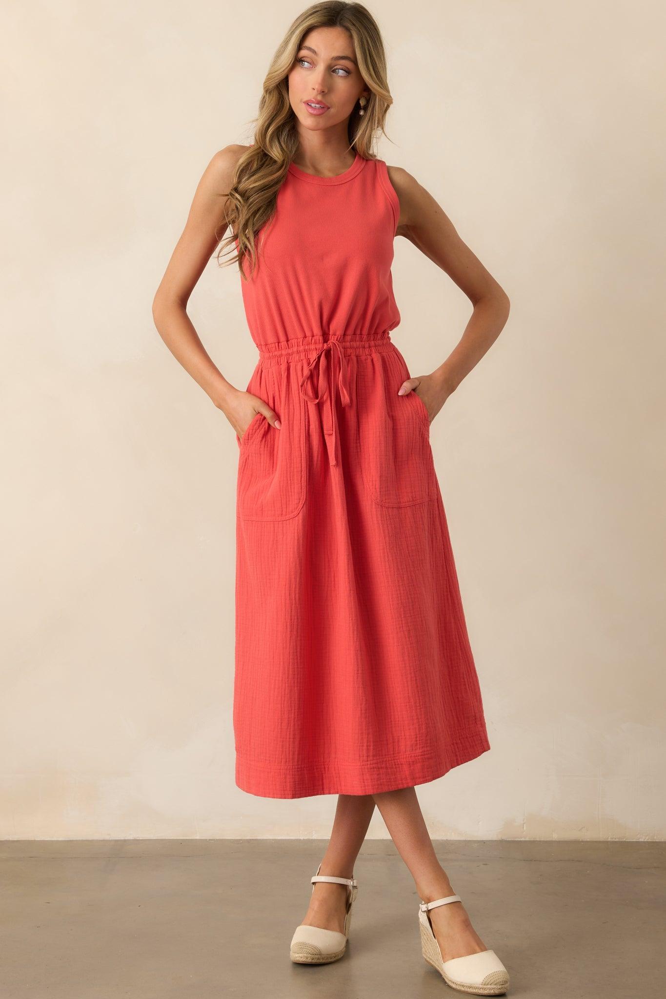 Moving Slowly Tomato Red Cotton Gauze Sleeveless Midi Dress Product Image