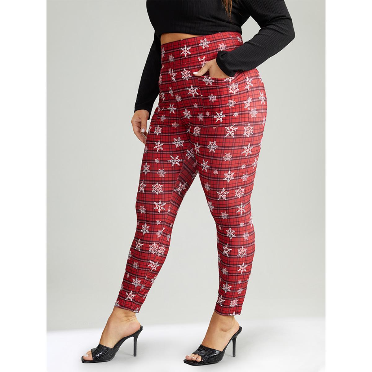 Plus Size Plaid & Snow Print Pocket Skinny Ankle Leggings Women Scarlet Casual Medium stretch Skinny High Rise Festival-Christmas Leggings BloomChic 26/4X Product Image