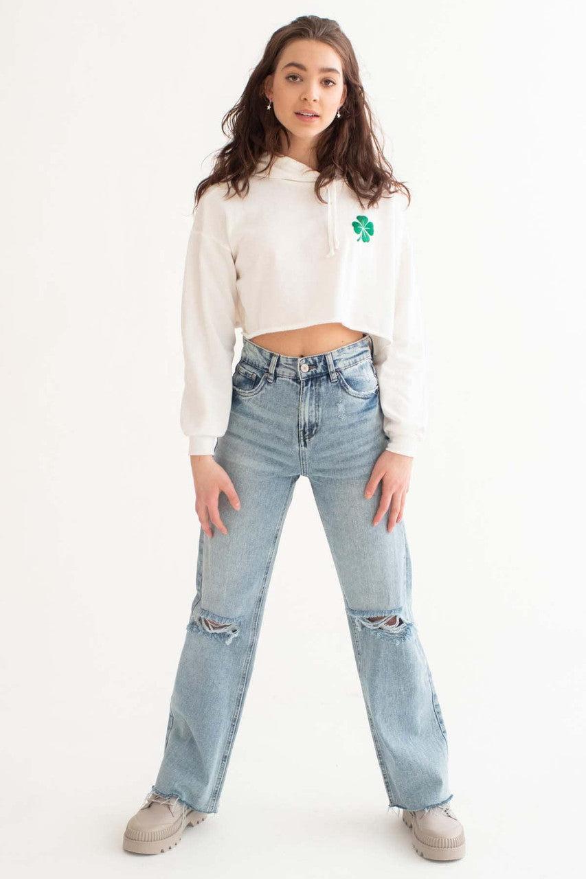White Shamrock Cropped Hoodie Product Image