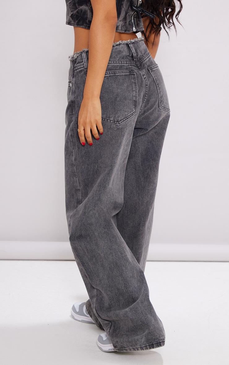 Petite Washed Grey Fray Waist Low Rise Straight Leg Jeans Product Image