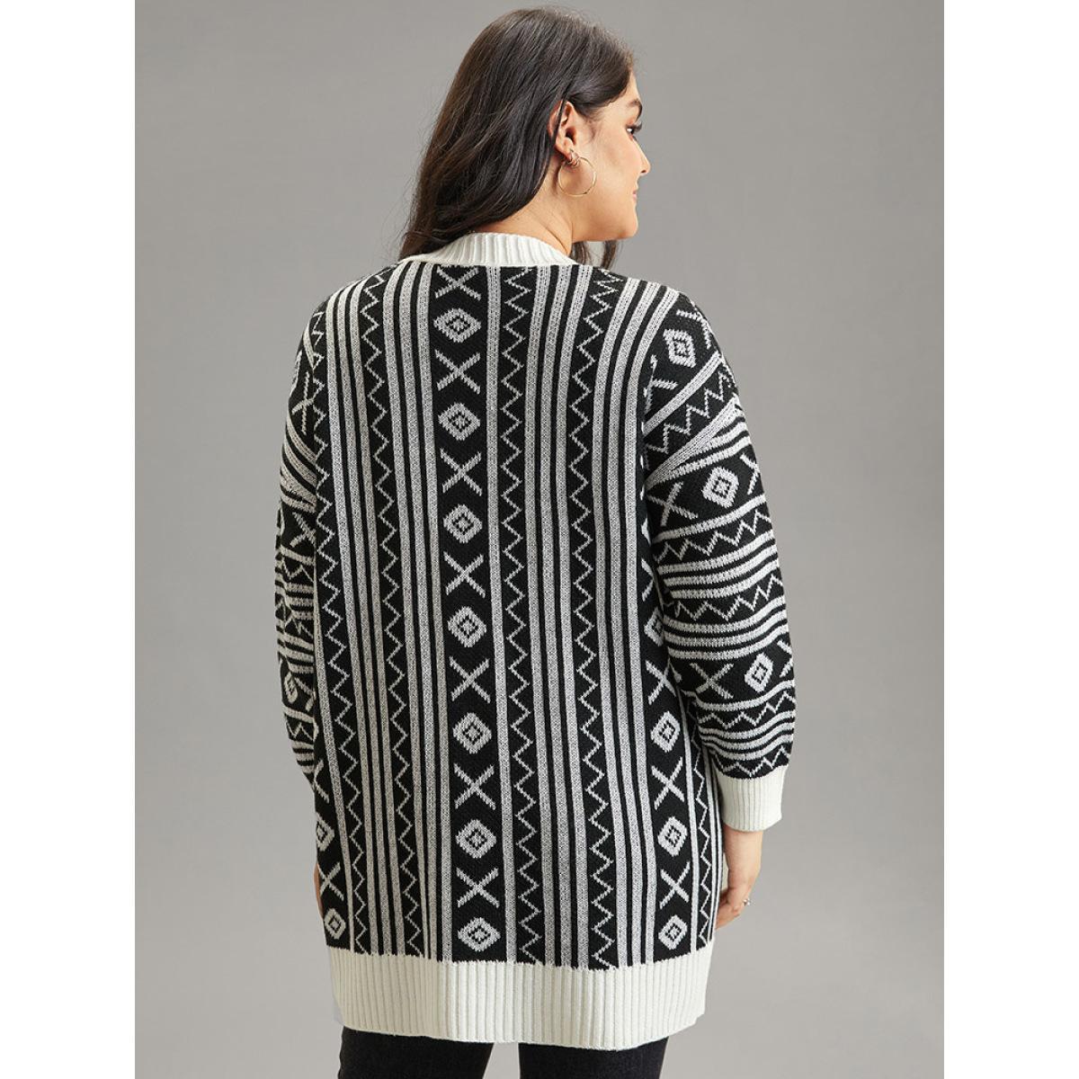 Plus Size Geometric Bandana Contrast Pocket Cardigan Black Women Casual Loose Long Sleeve Dailywear Cardigans BloomChic 30/6X Product Image