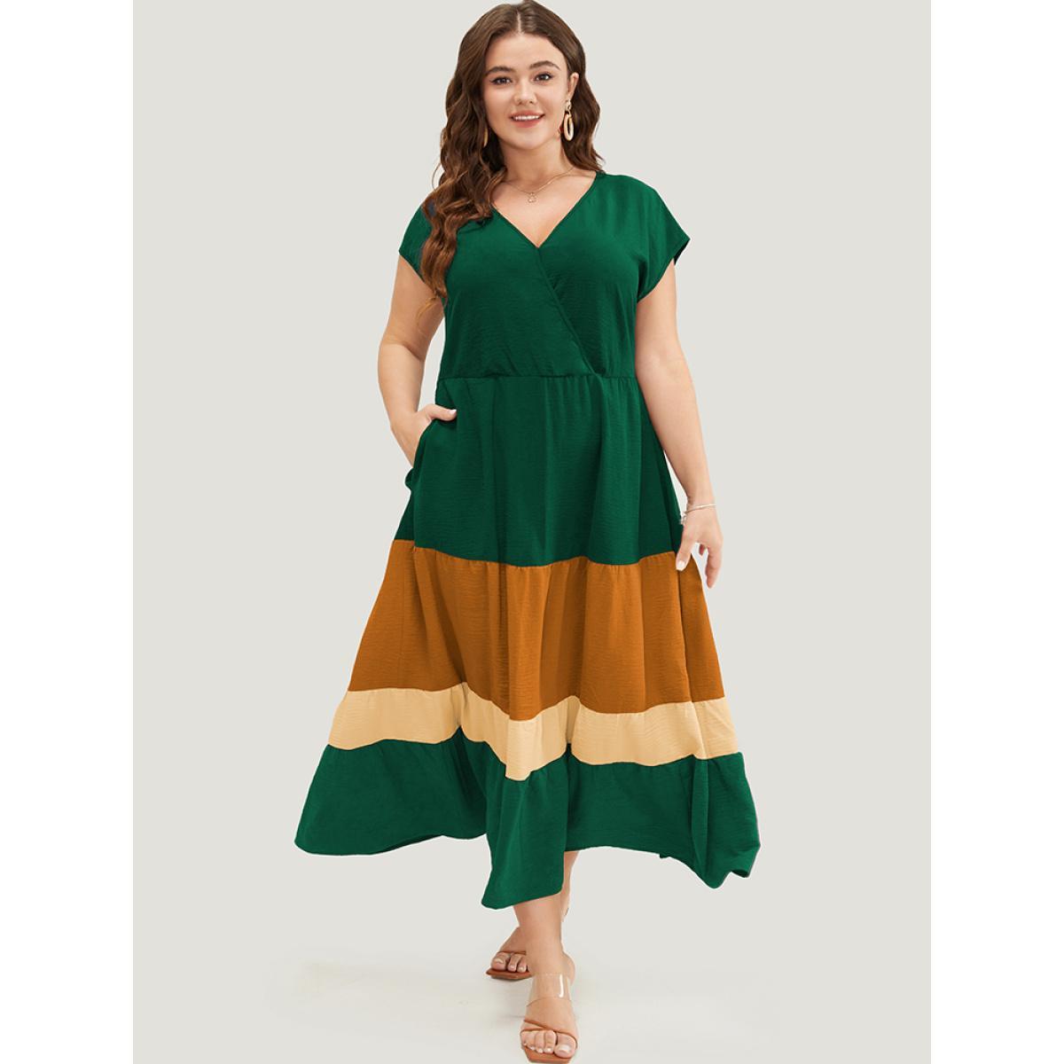 Plus Size Colorblock Contrast Pocket Wrap Flutter Tiered Tank Dress DarkGreen Women Casual Wrap V-neck Cap Sleeve Curvy Midi Dress BloomChic 22-24/3X Product Image