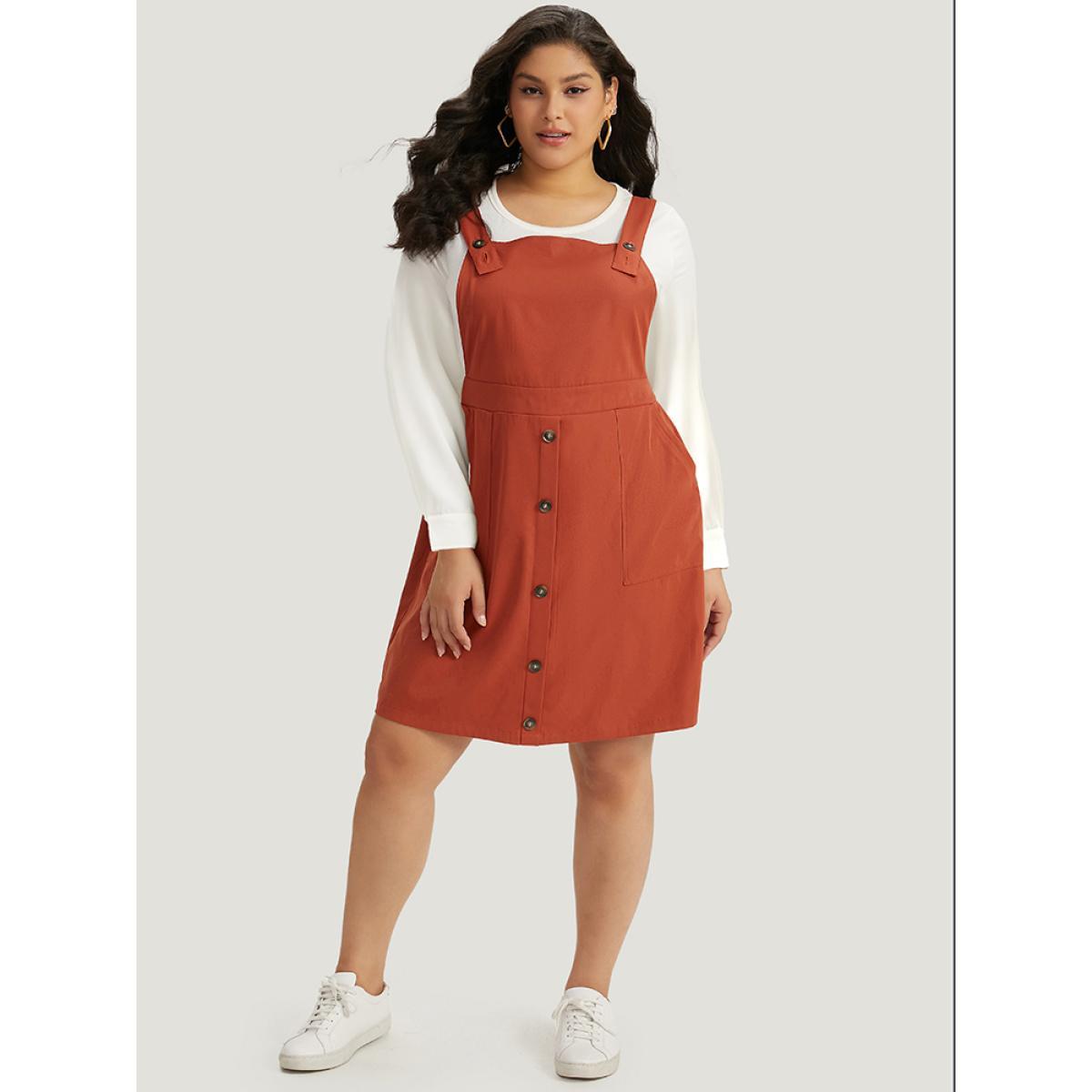 Plus Size Plain Button Up Pocket Suspender Skirt Brown Women Casual Adjustable Straps Spaghetti Strap Sleeveless Curvy Knee Dress BloomChic 10/M Product Image