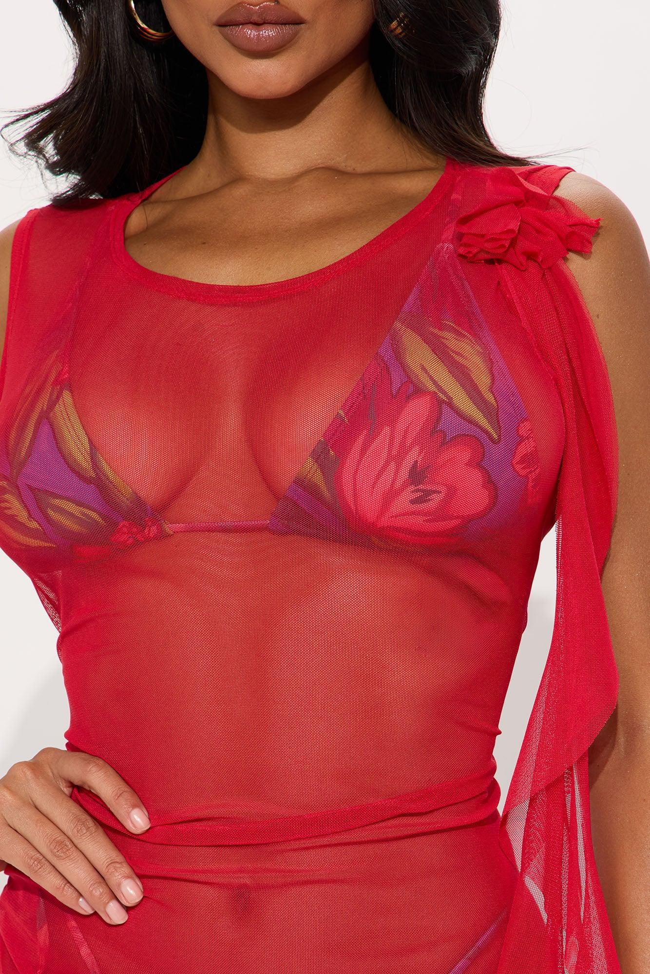 Summer Soiree Rosettes & Ruffles Mesh Cover Up Dress - Red Product Image
