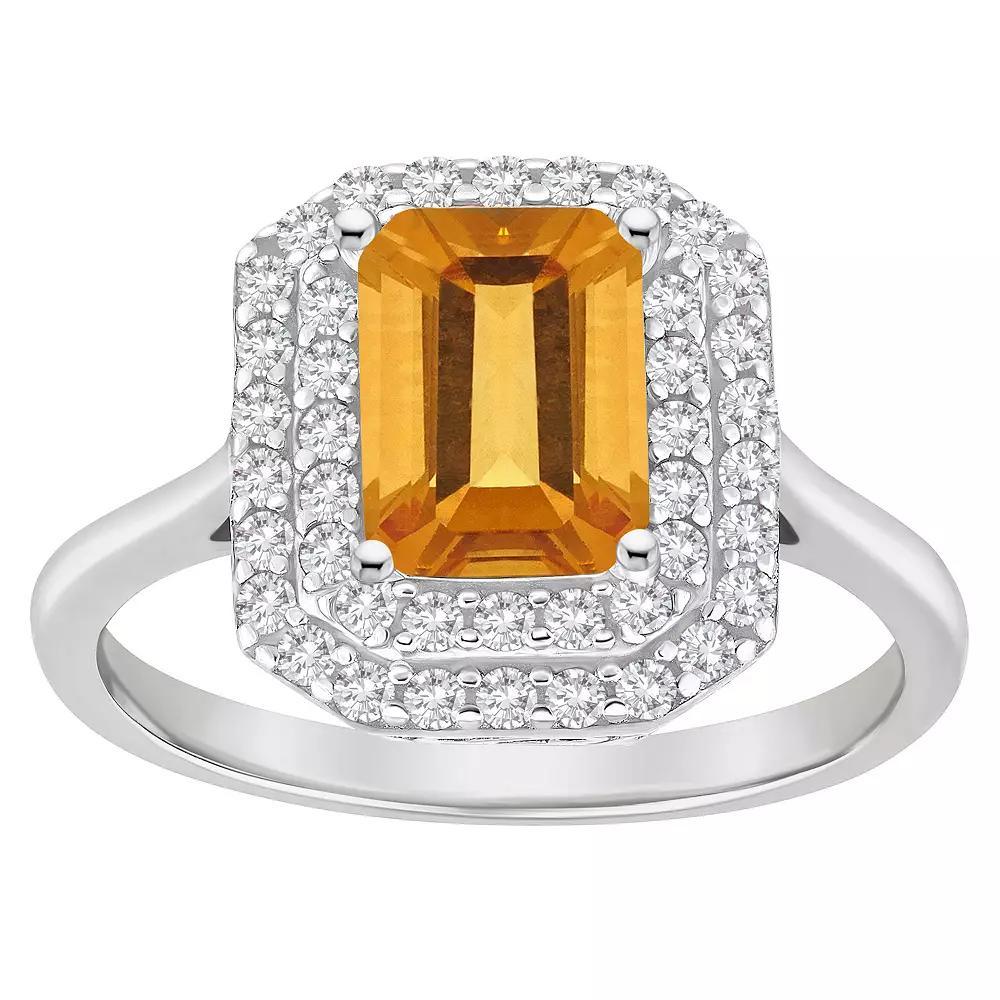 Celebration Gems Sterling Silver Emerald-Cut Citrine & White Topaz Double Halo Ring, Women's, Size: 5 Product Image