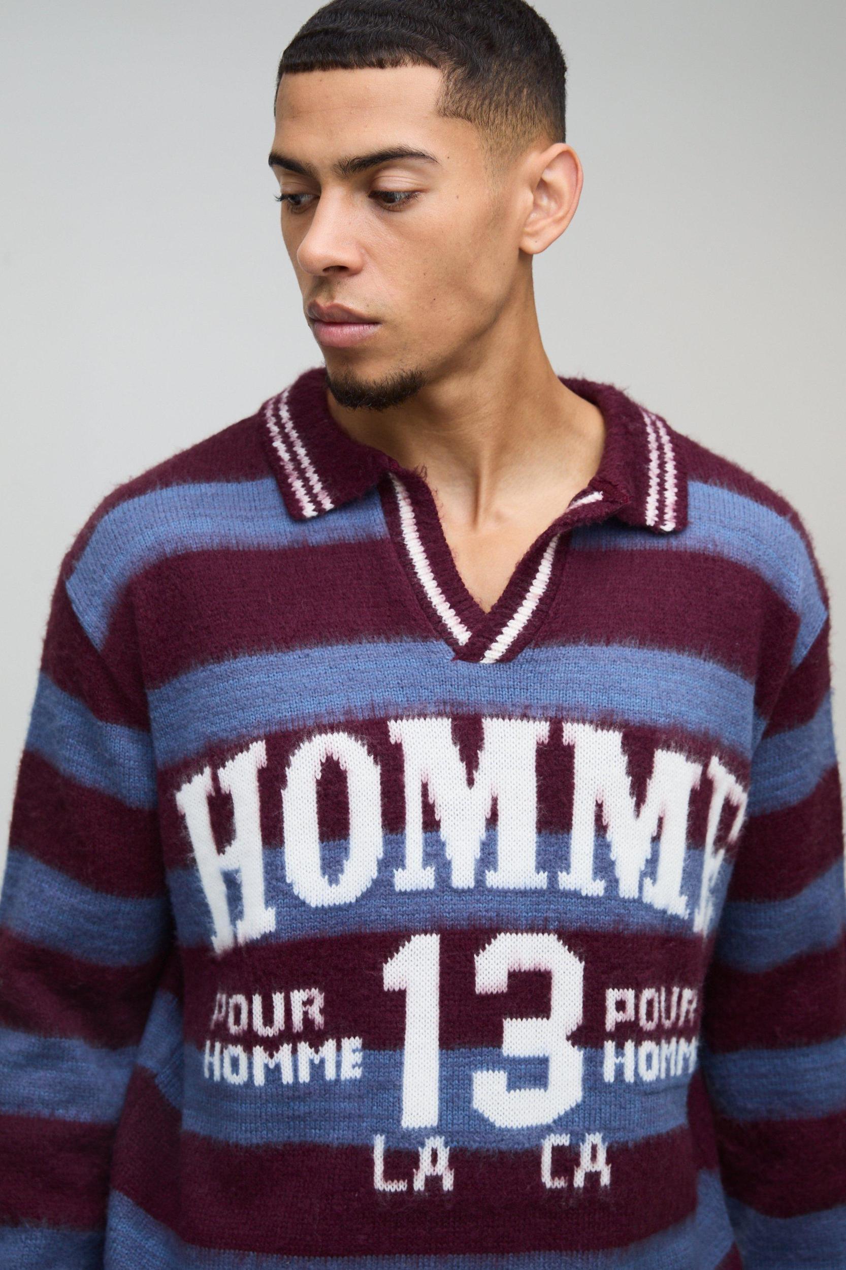 Homme Oversized V Neck Brushed Striped Knitted Polo | boohooMAN USA Product Image
