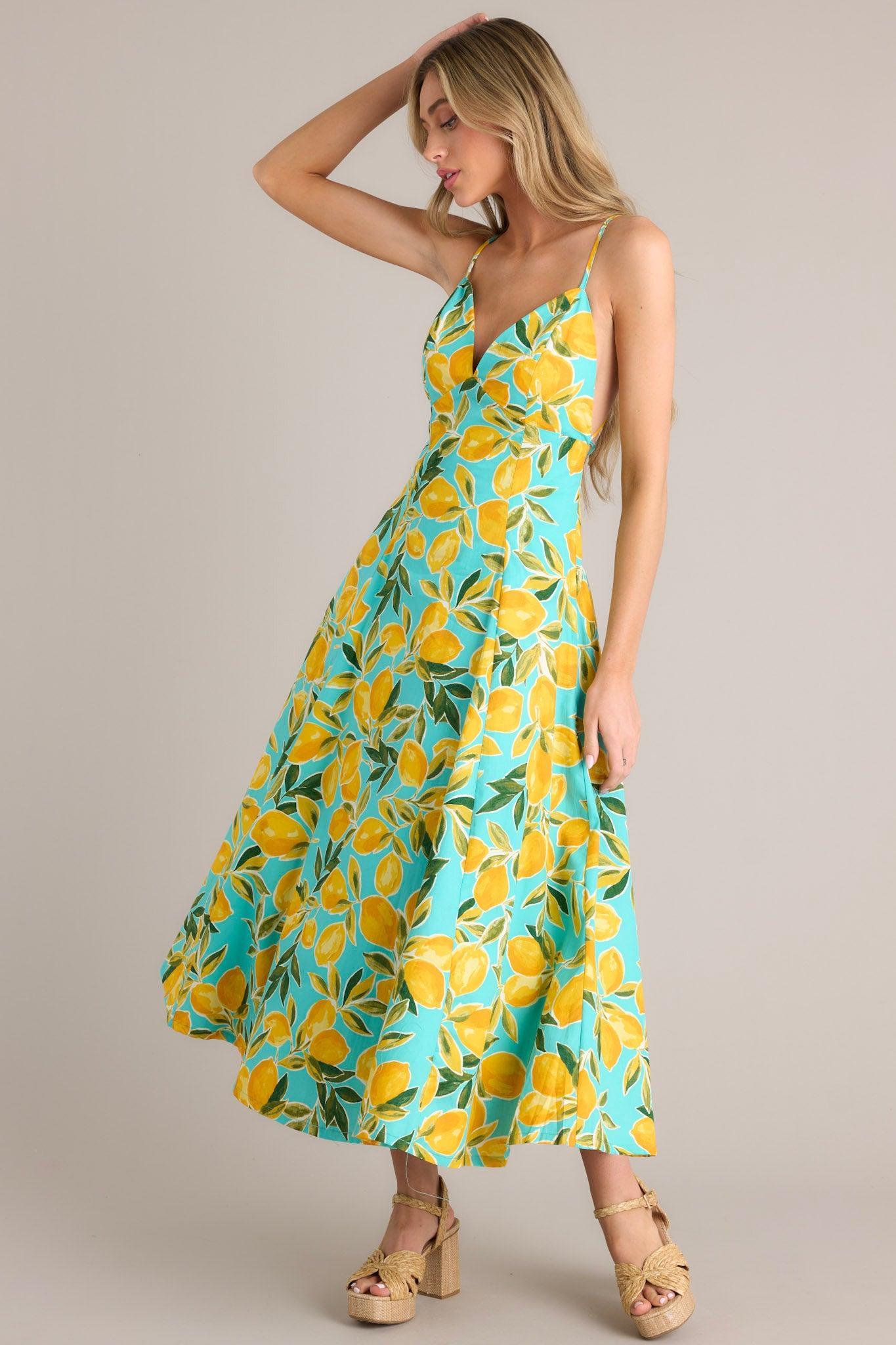 Sunshine Squeeze Aqua Lemon Print Midi Dress Product Image