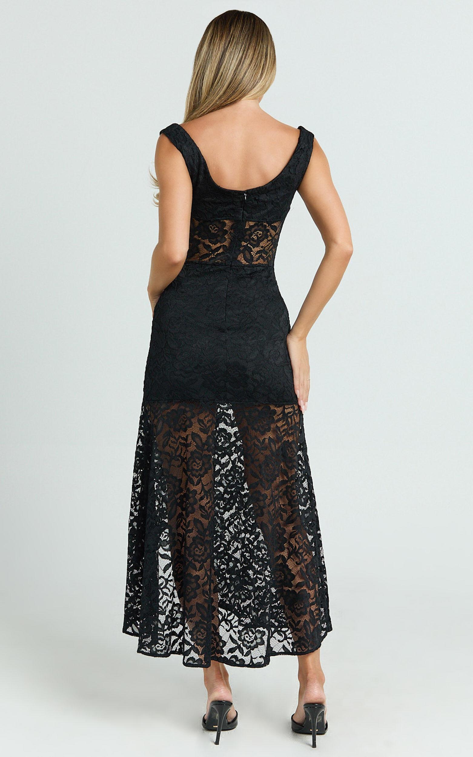 Tatum Midi Dress - Lace Off Shoulder Side Split Dress in Black Product Image