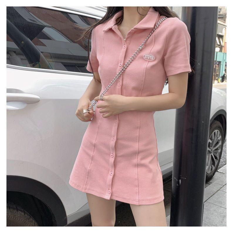 Short-Sleeve Collar Lettering Mini T-Shirt Dress Product Image