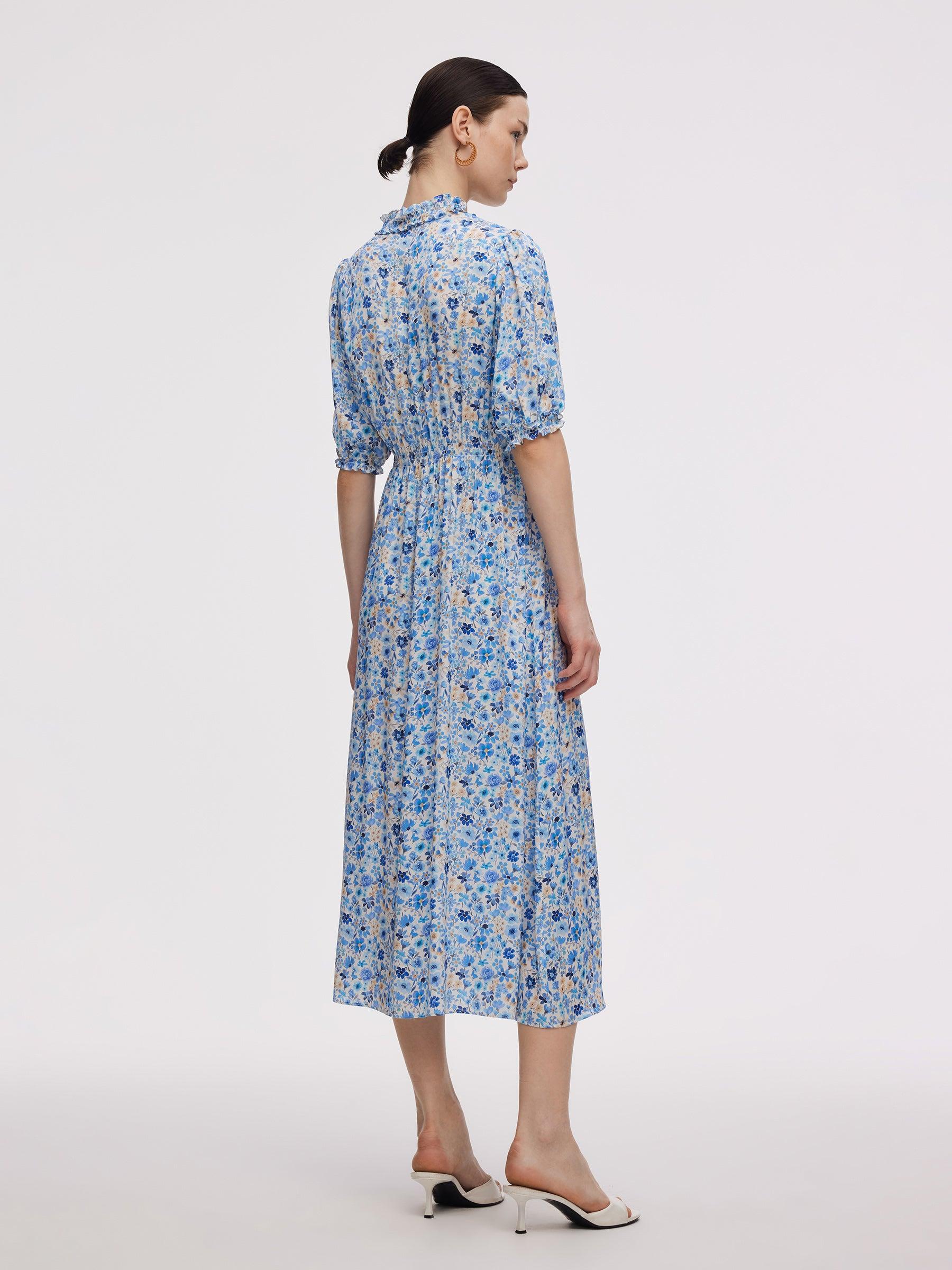 19MM Mulberry Silk Floral Print Ruffle Collar Maxi Dress Product Image