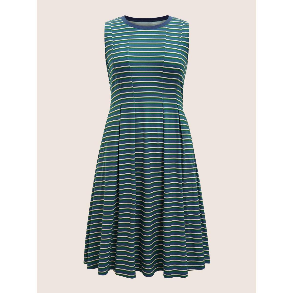 Plus Size Contrast Striped Pleated Pocket Tank Dress Mediumblue Women Casual Contrast Round Neck Sleeveless Curvy BloomChic 18-20/2X Product Image