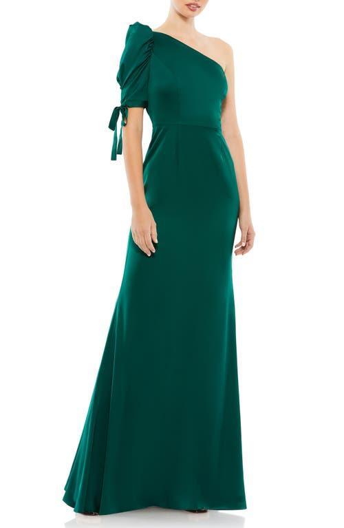 Mac Duggal Womens Ieena Satin One Shoulder Puff Sleeve Trumpet Gown Product Image