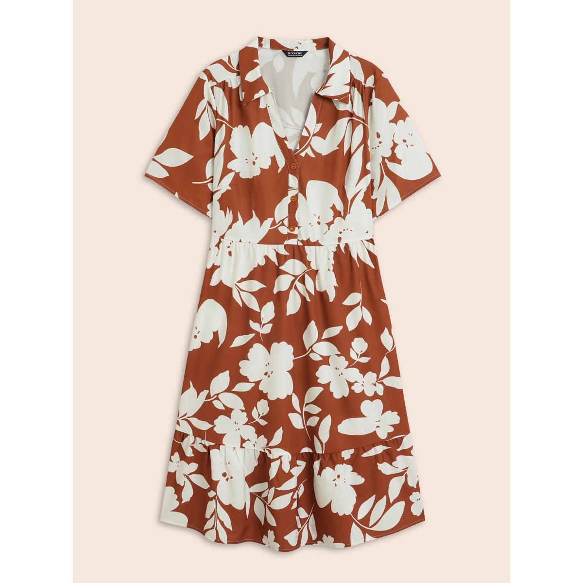 Plus Size Silhouette Floral Print Button Detail Midi Dress Russet Women Elegant Button Shirt collar Short sleeve Curvy BloomChic 28/5X Product Image