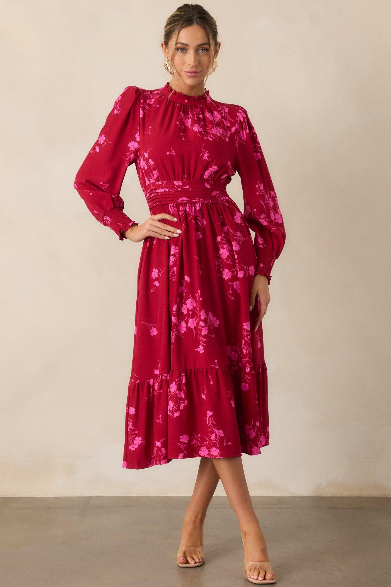 Flower Shop Stop Cherry Pink Floral Long Sleeve Midi Dress Product Image