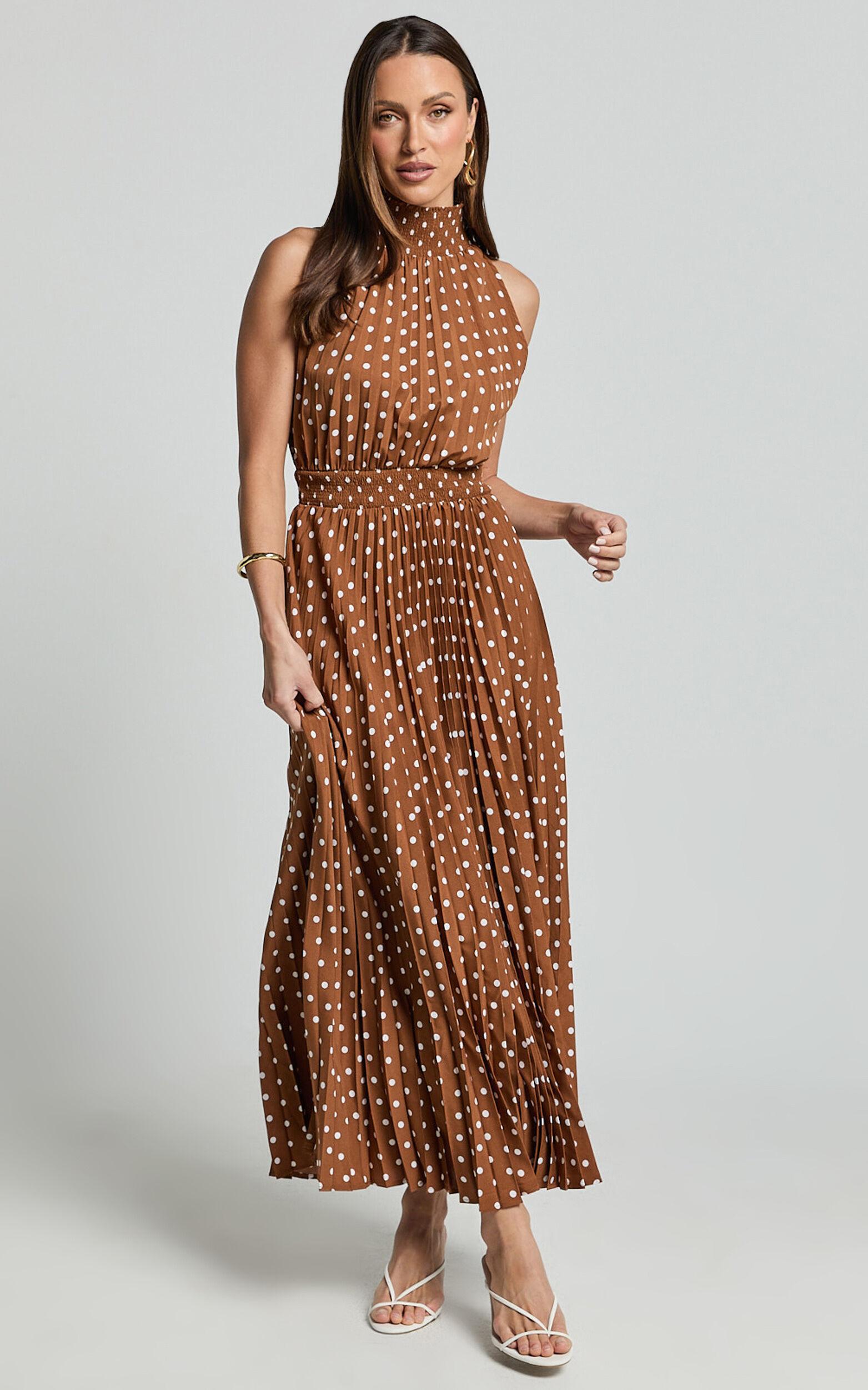 Jacynthia Midi Dress - Pleated High Neck Dress in Chocolate/White Product Image