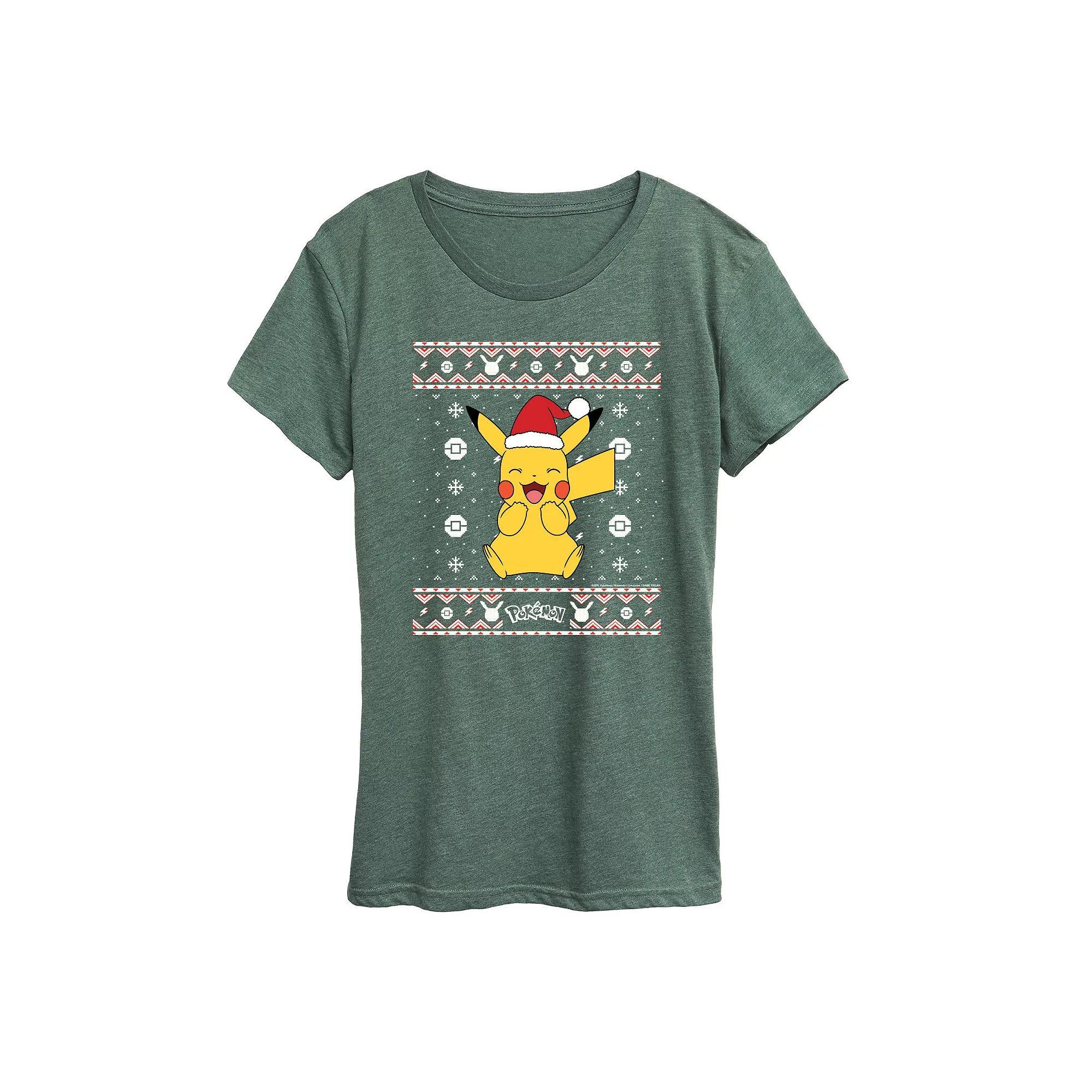 Women's Pokemon Pikachu Sweater Pattern Tee, Size: Medium, Grey Green Product Image