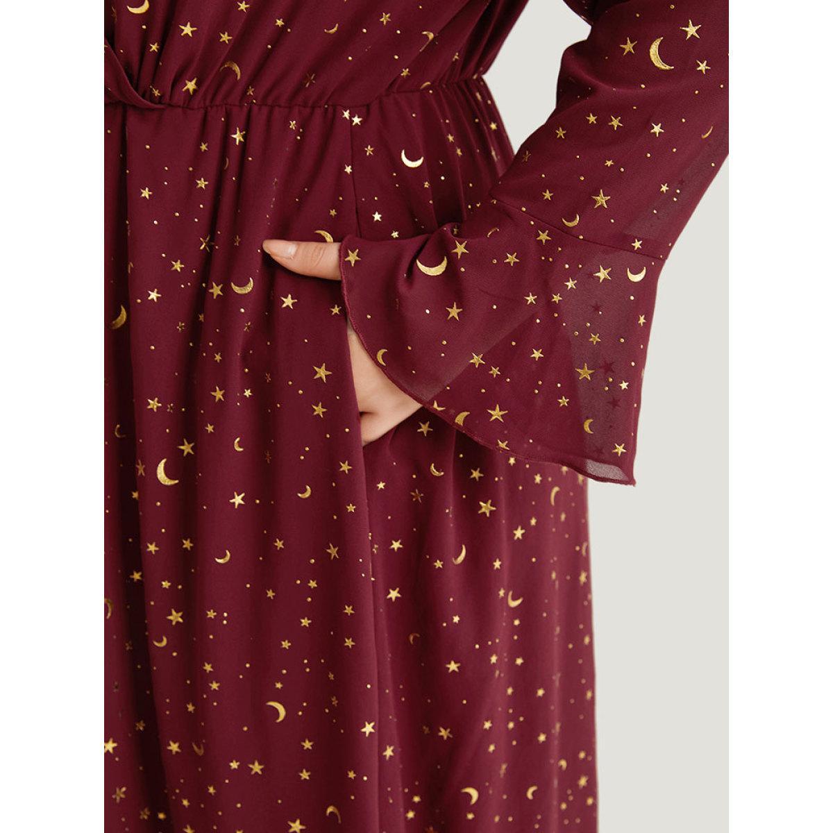 Plus Size Moon & Star Glitter Surplice Neck Bell Sleeve Dress Burgundy Women Party Printed V-neck Long Sleeve Curvy Midi Dress BloomChic 14-16/1X Product Image