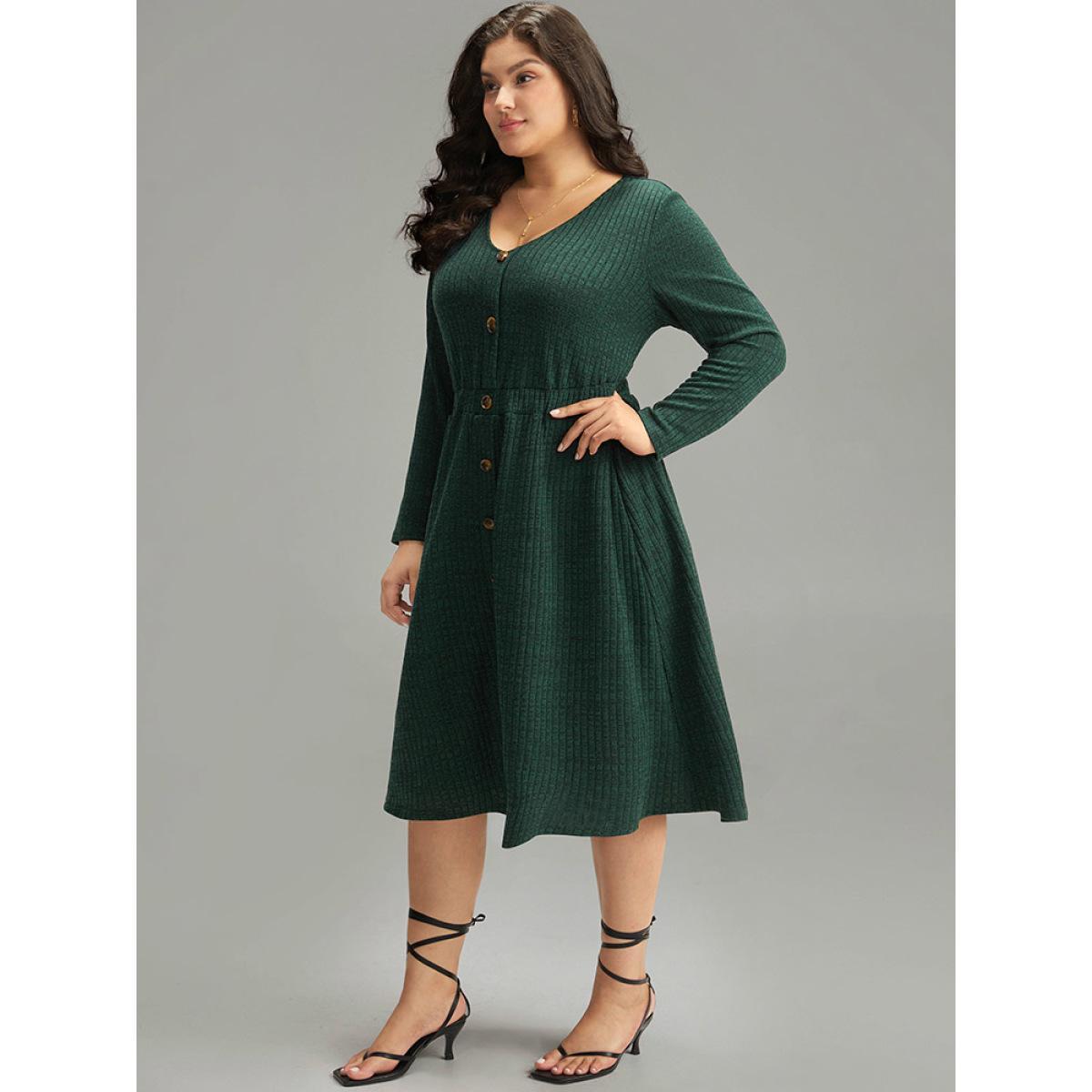 Plus Size Rib Knit Button Detail Pocket Dress DarkGreen Women Casual Plain V-neck Long Sleeve Curvy Midi Dress BloomChic 12/L Product Image