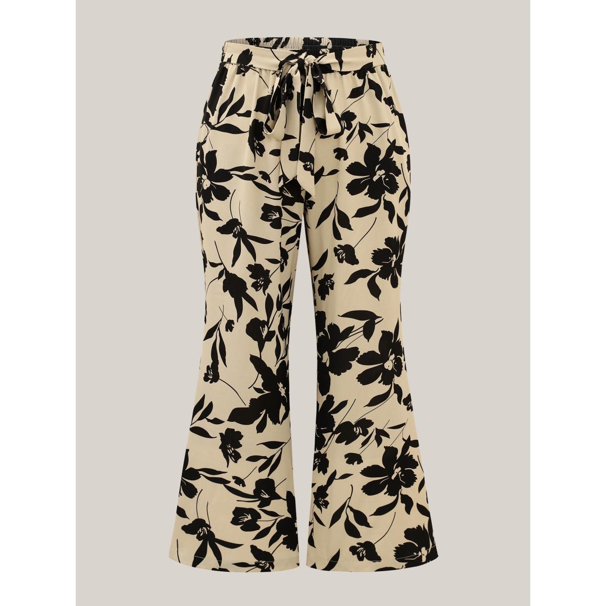 Plus Size Silhouette Floral Print Ties Side Seam Pocket Pants Women Champagne Elegant Wide Leg High Rise Everyday Pants BloomChic 28/5X Product Image