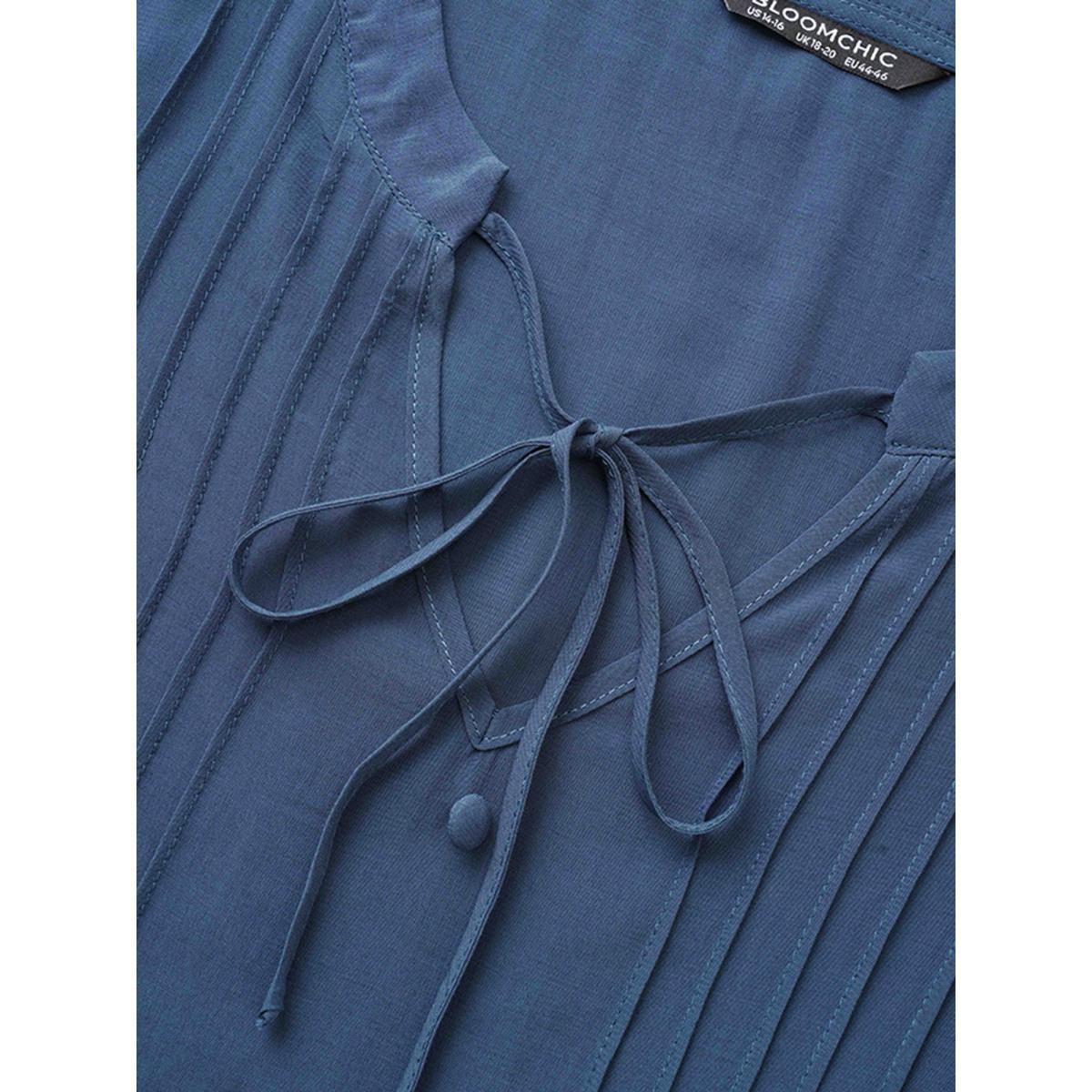 Plus Size Stone Plain Pleated Knot Neck Lantern Sleeve Blouse Women Casual Elbow-length sleeve Notched collar Everyday Blouses BloomChic 14-16/1X Product Image