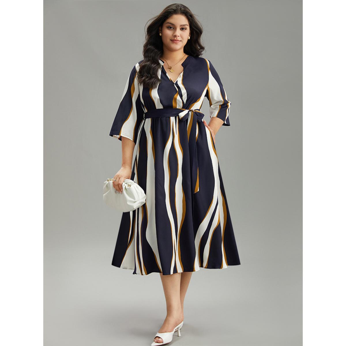 Plus Size Water Ripple Belted Overlap Collar Pocket Dress Indigo Women Office Wrap Overlap Collar Elbow-length sleeve Curvy Midi Dress BloomChic 14-16/1X Product Image