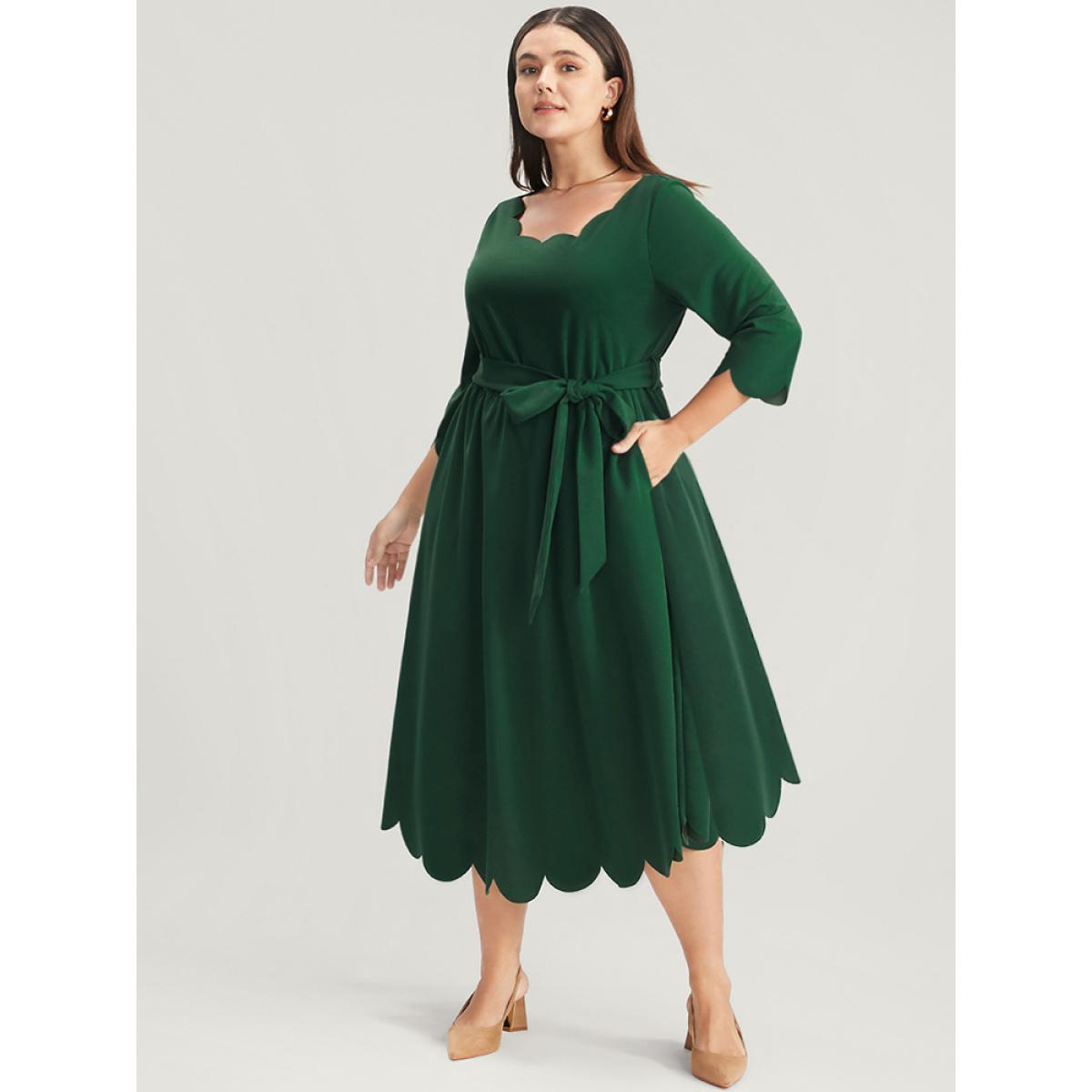 Plus Size Solid Pocket Scalloped Trim Belted Midi Dress Green Women Elegant Pocket Round Neck Elbow-length sleeve Curvy Midi Dress BloomChic 26/4X Product Image