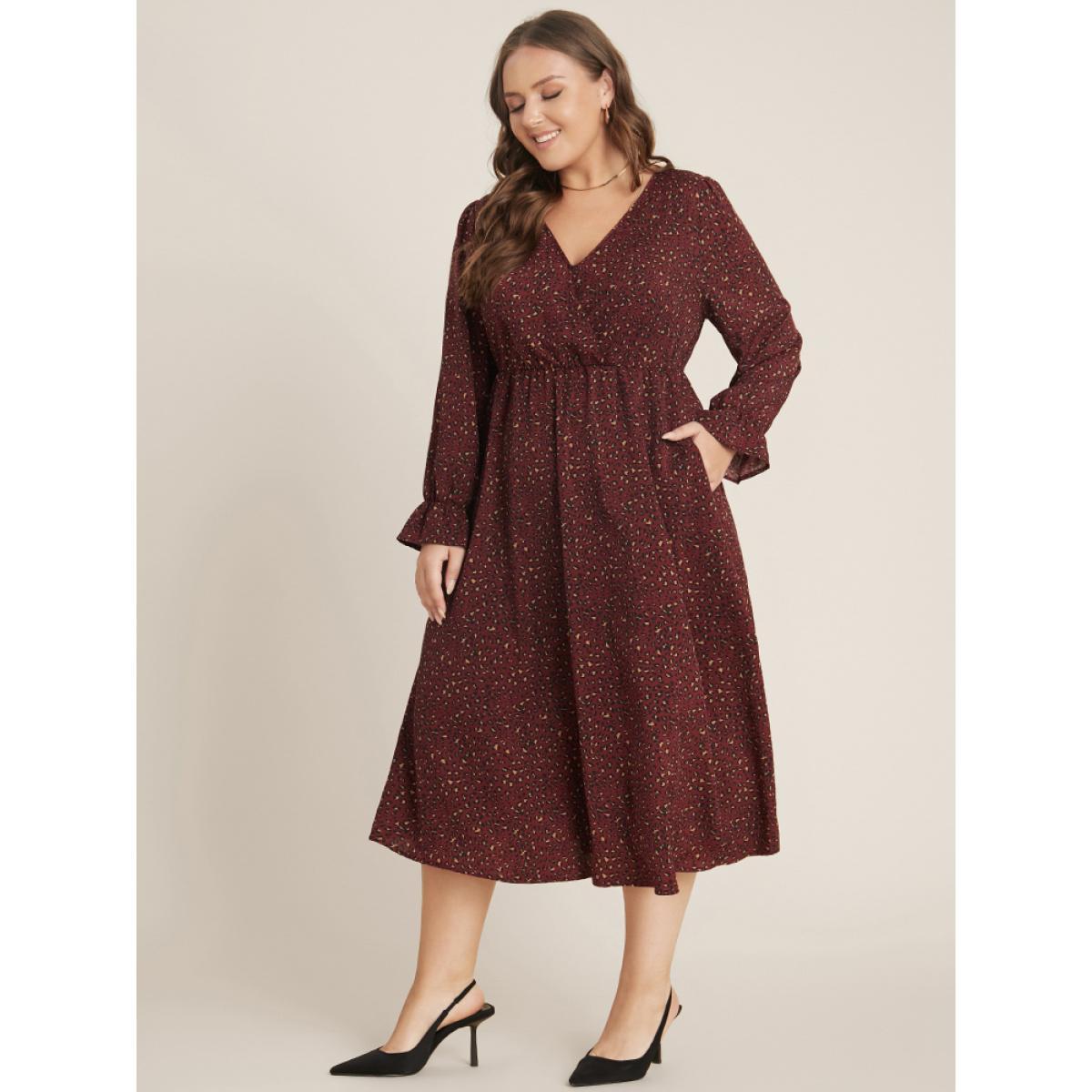Plus Size Leopard Lantern Sleeve Pocket Wrap Midi Dress Scarlet Women Office Elastic Waist V-neck Long Sleeve Curvy Midi Dress BloomChic 30/6X Product Image